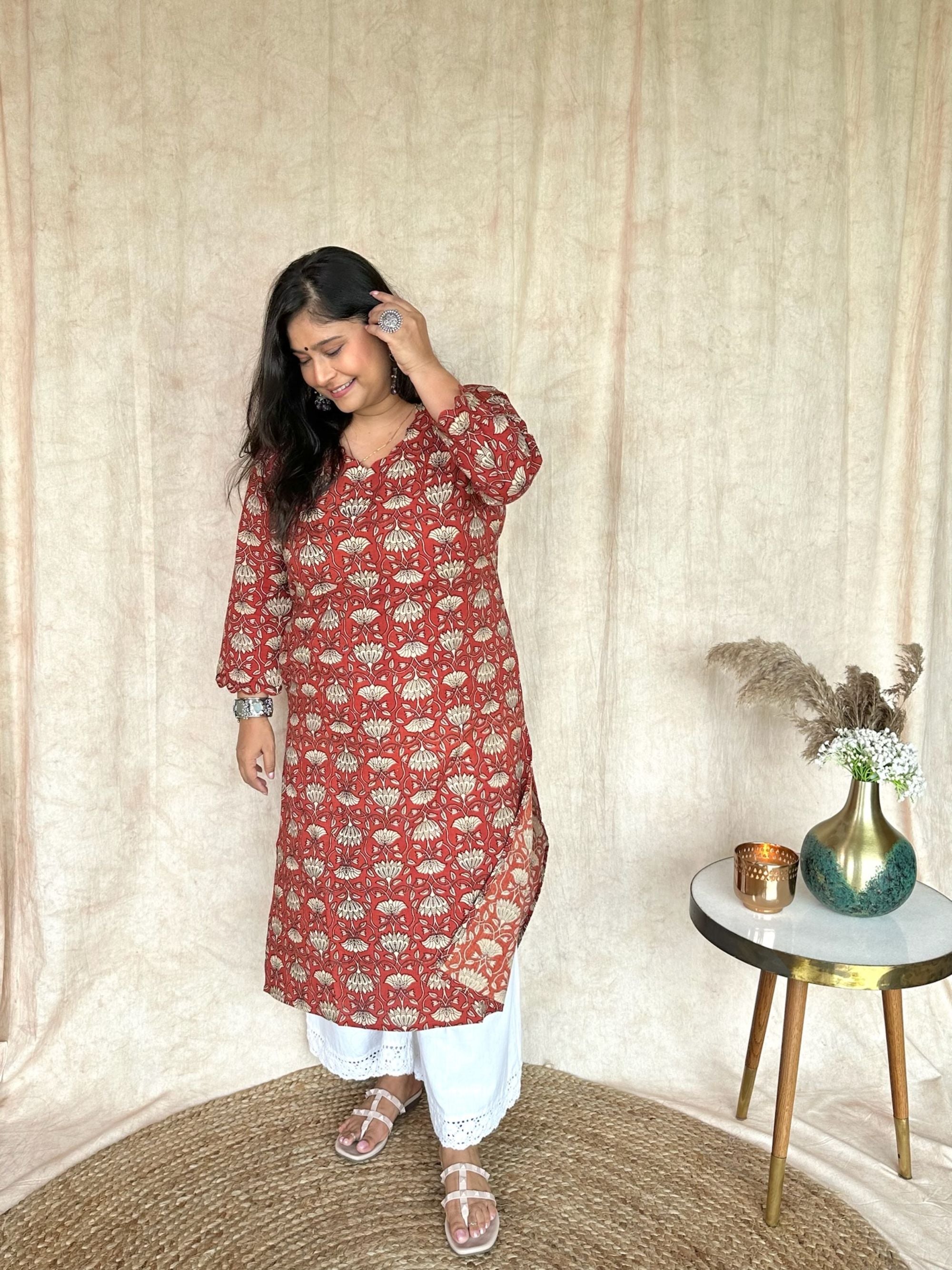 Bagru Print Long Kurta - Terracotta