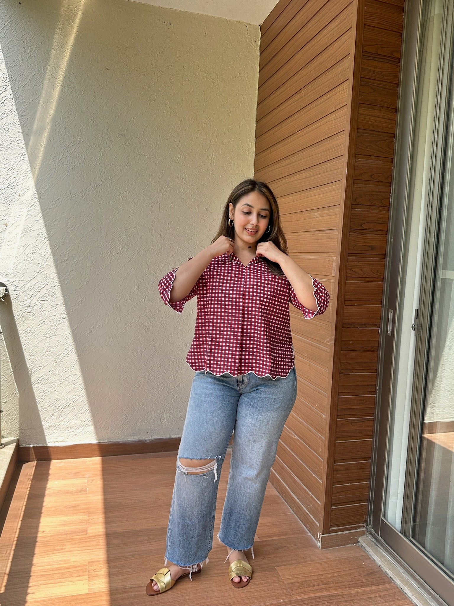 Deep Red Gingham Scallop Top