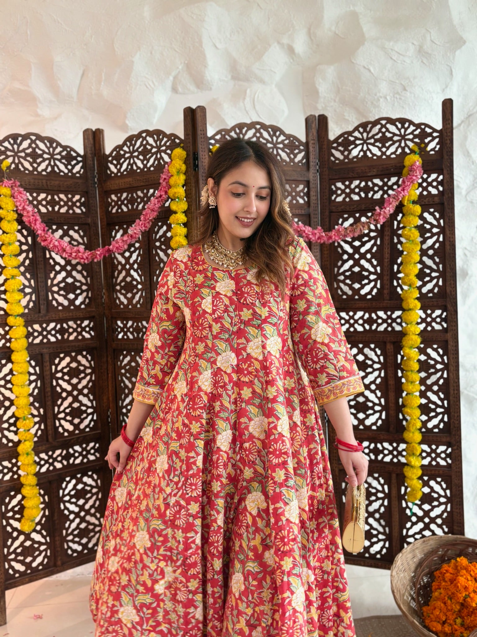 All Over Printed Anarkali - Brick Red