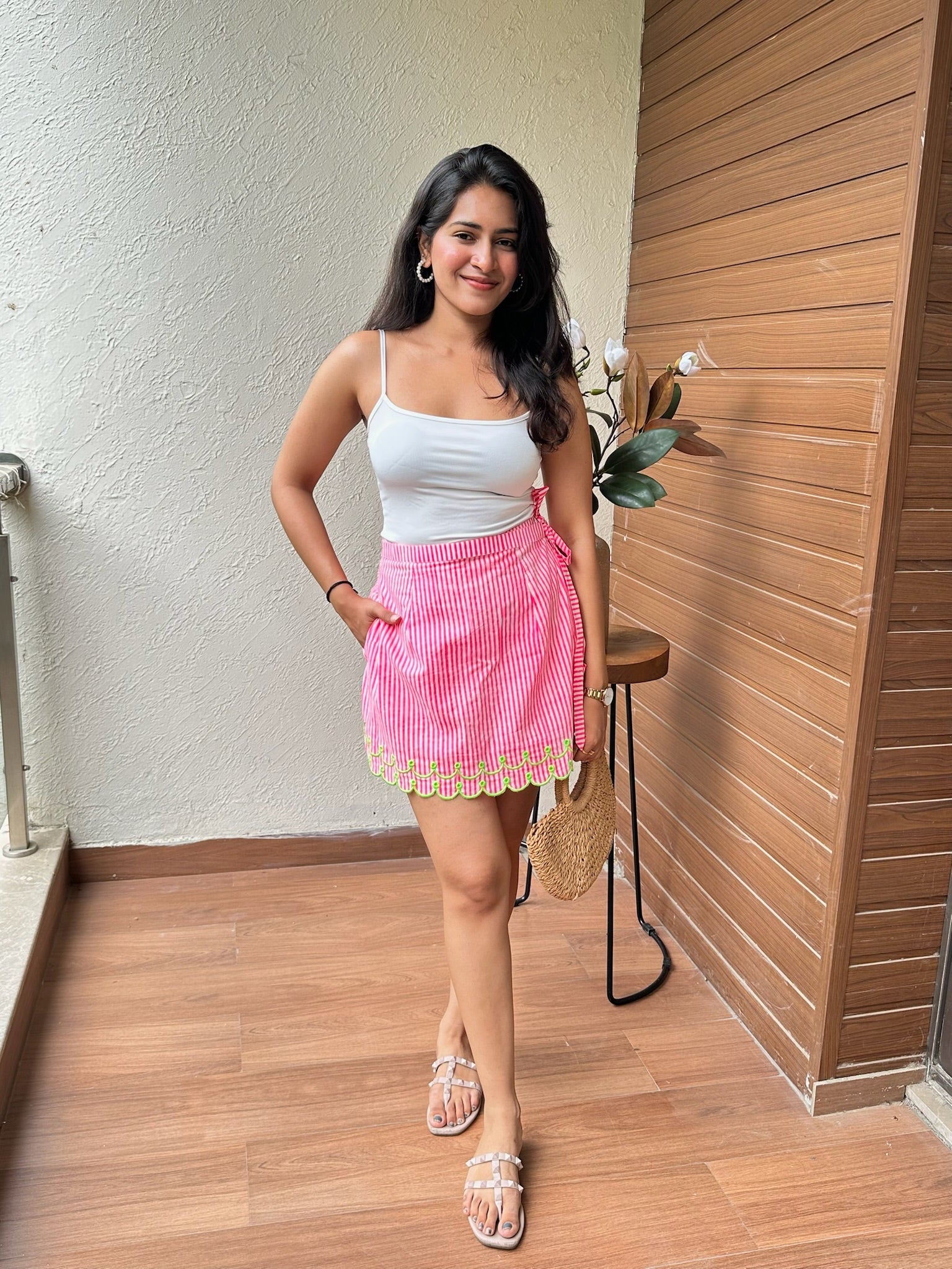 Pink Green Striped Embroidery Skort