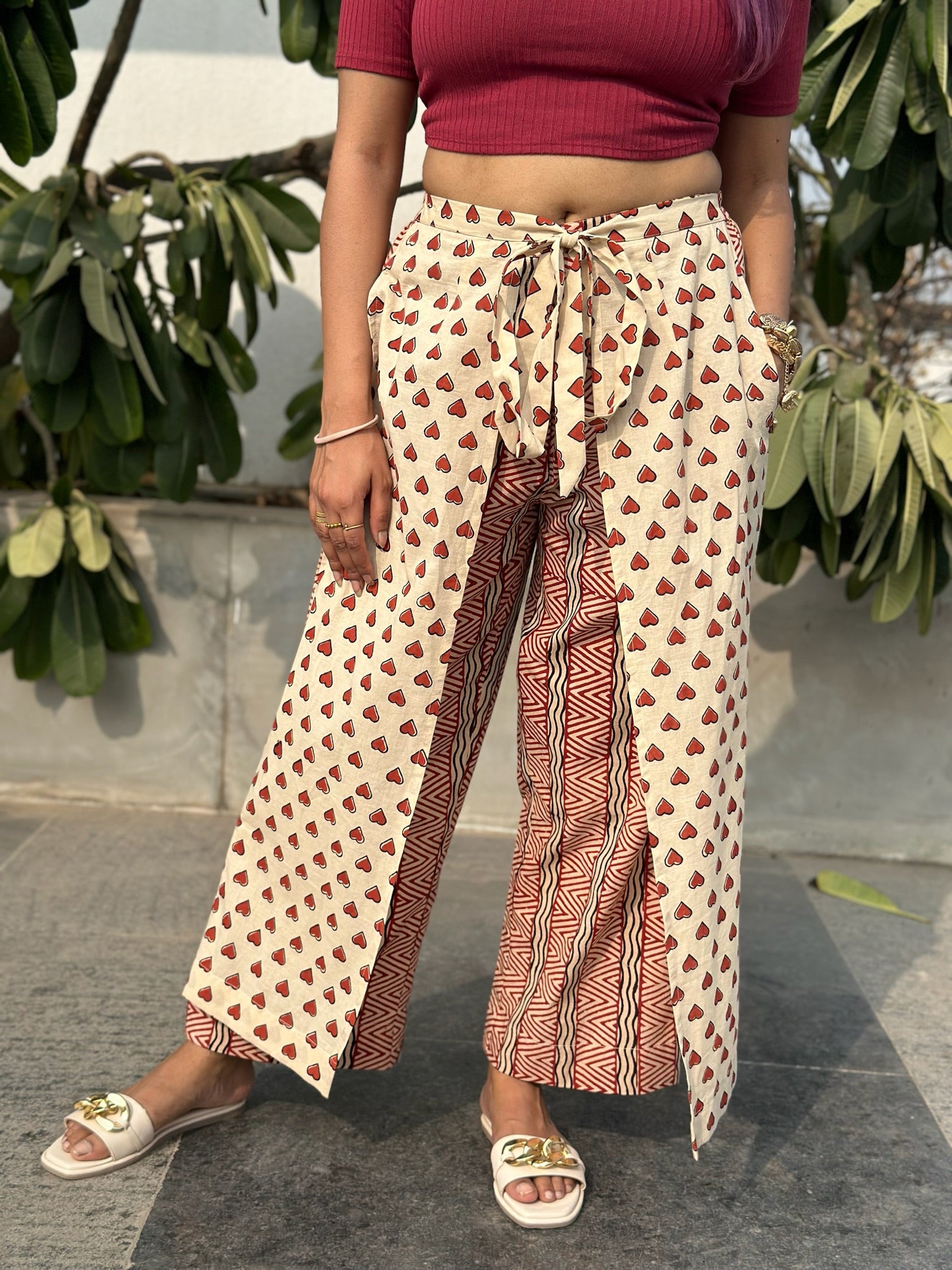 Beige Hearts Wrap Pant