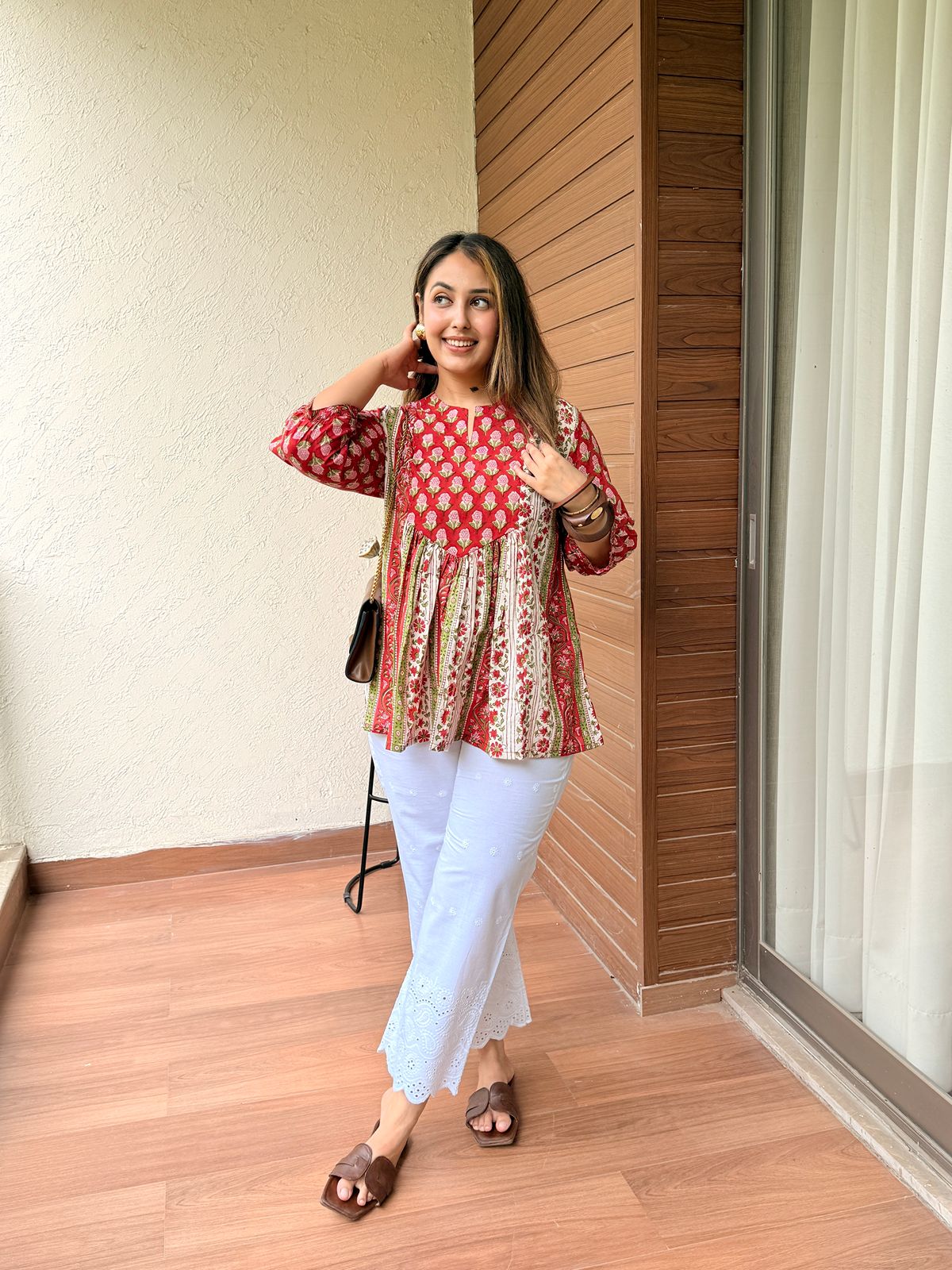 Cardinal Feather Red Gather Short Kurti