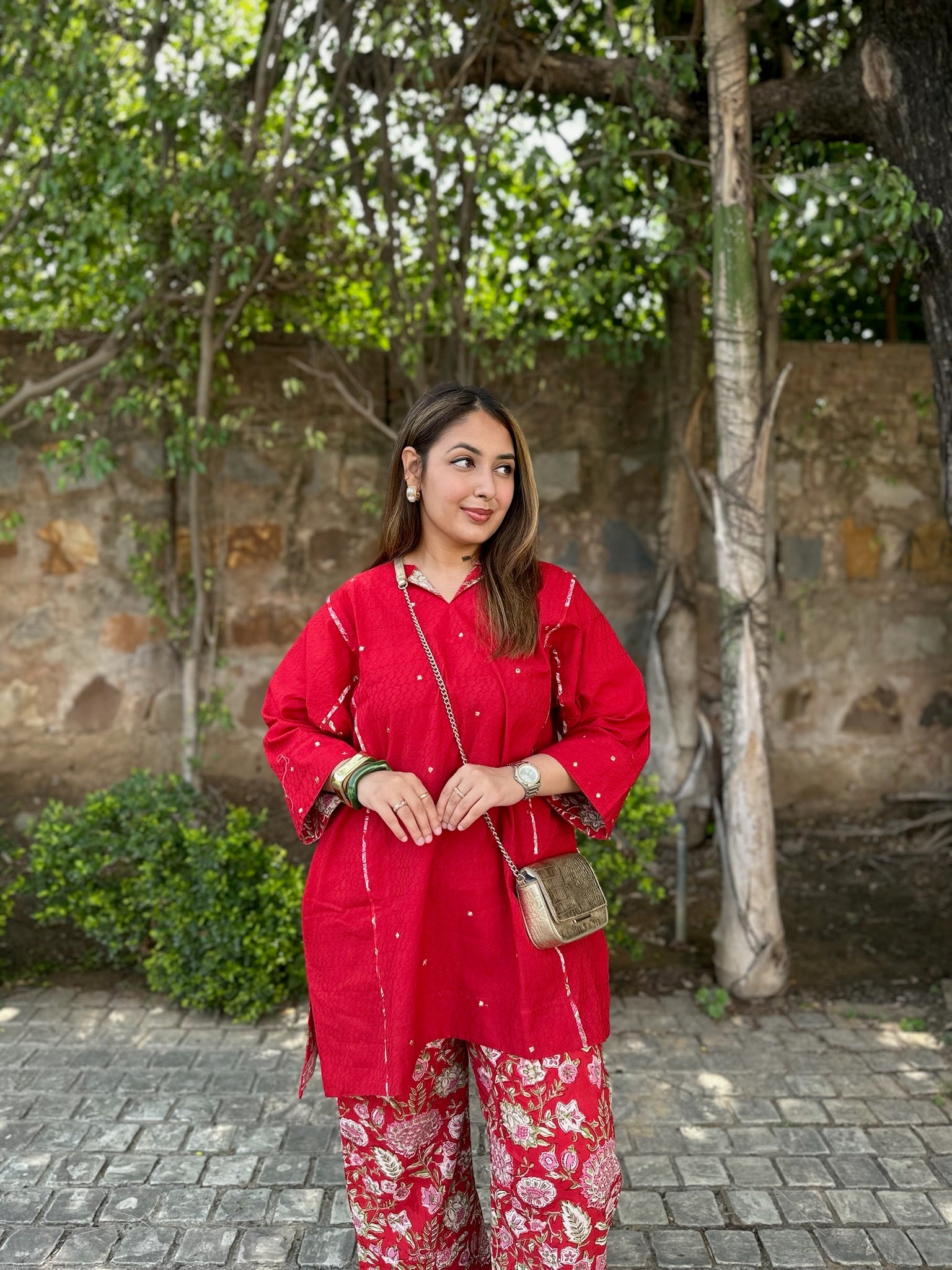 bright red short dobby co-ord set
