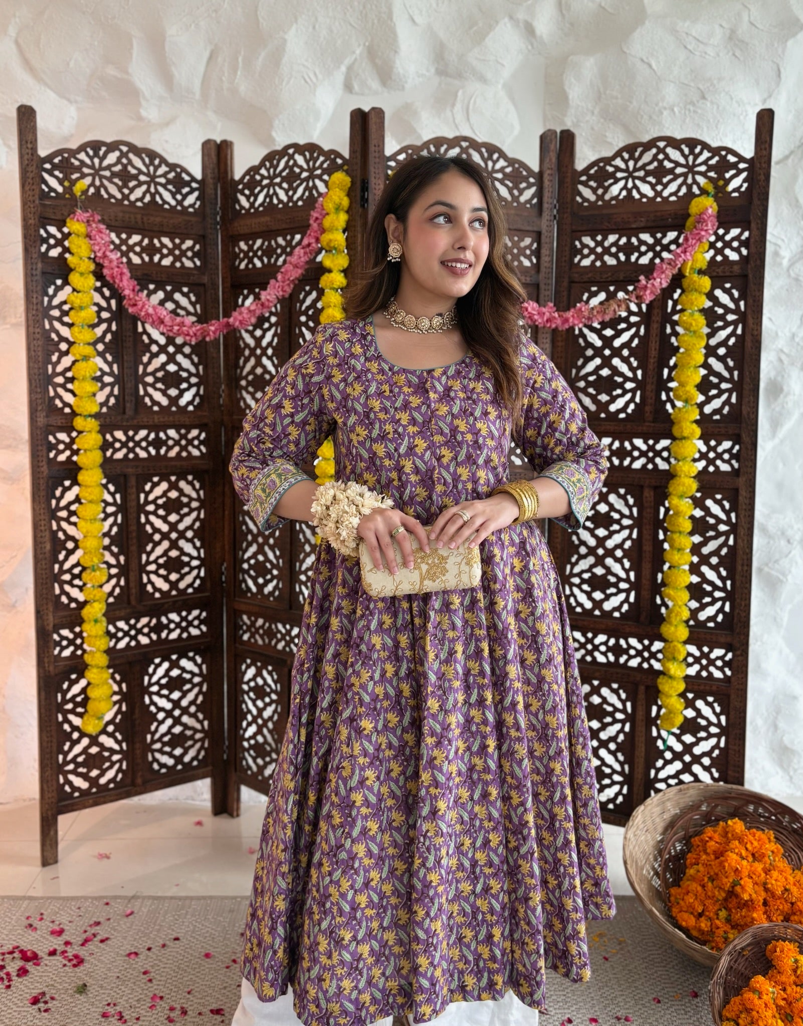 All Over Printed Anarkali - Grape Purple