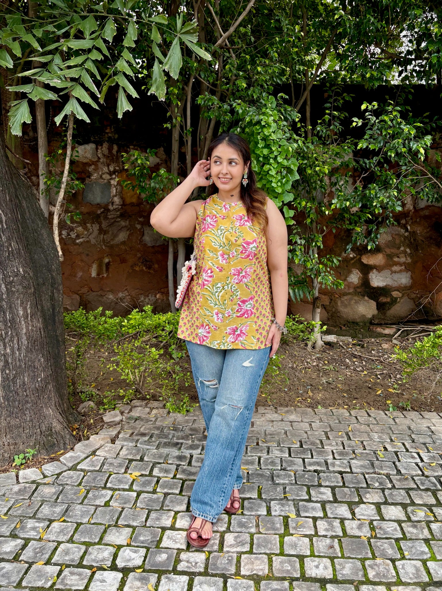 Rosy Mustard Halter Short Kurti