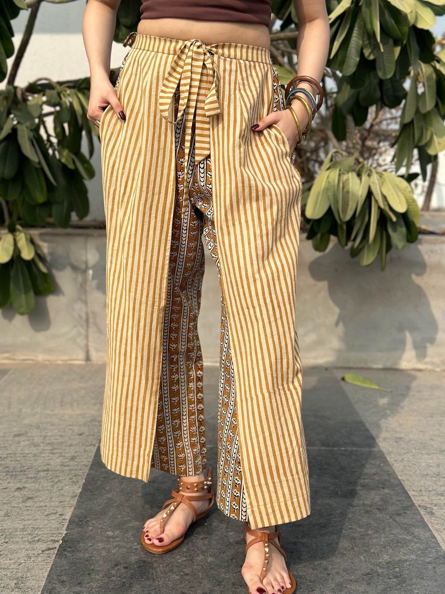 Mustard Striped Wrap Pants