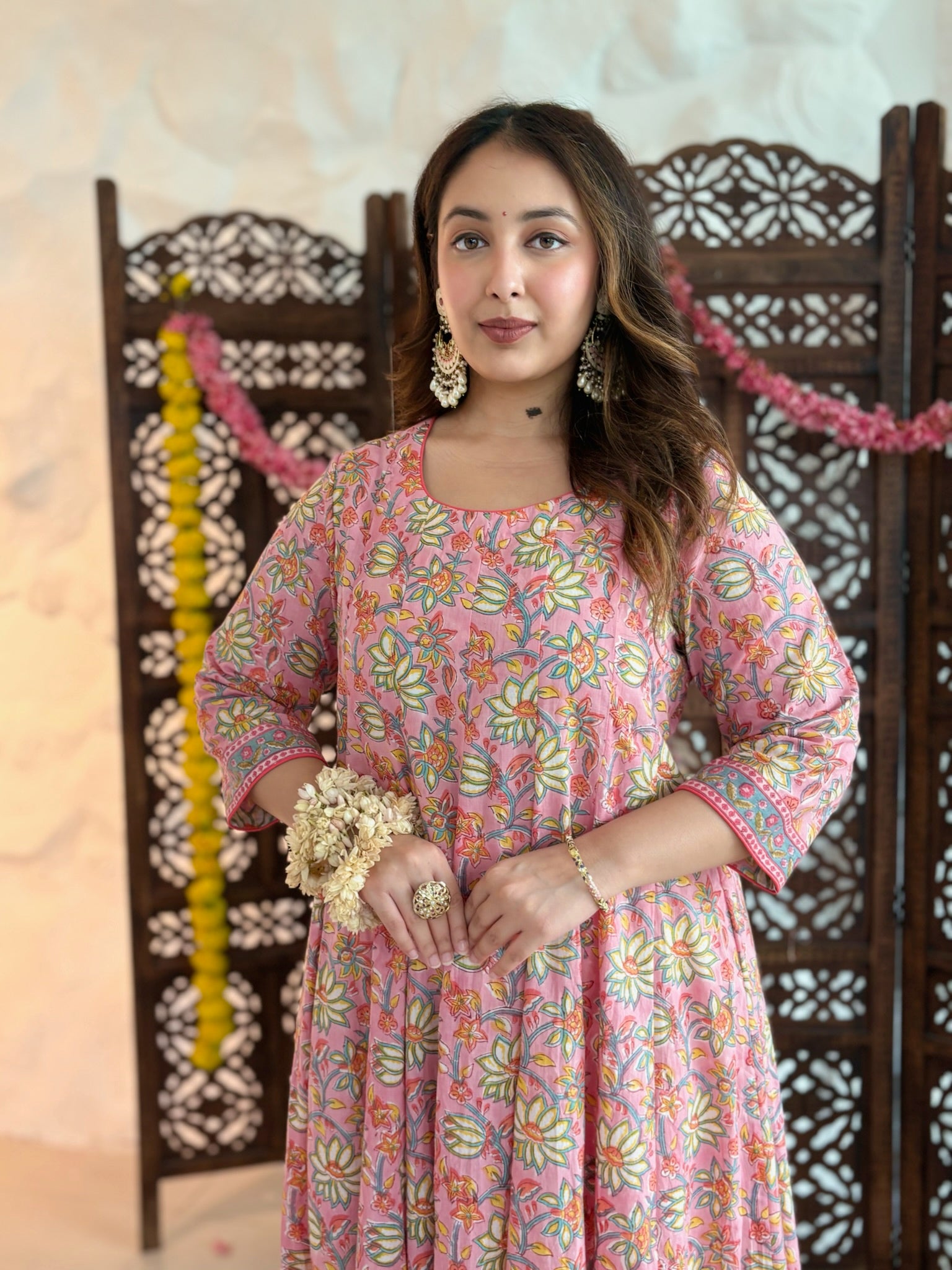 All Over Printed Anarkali - Blush Pink