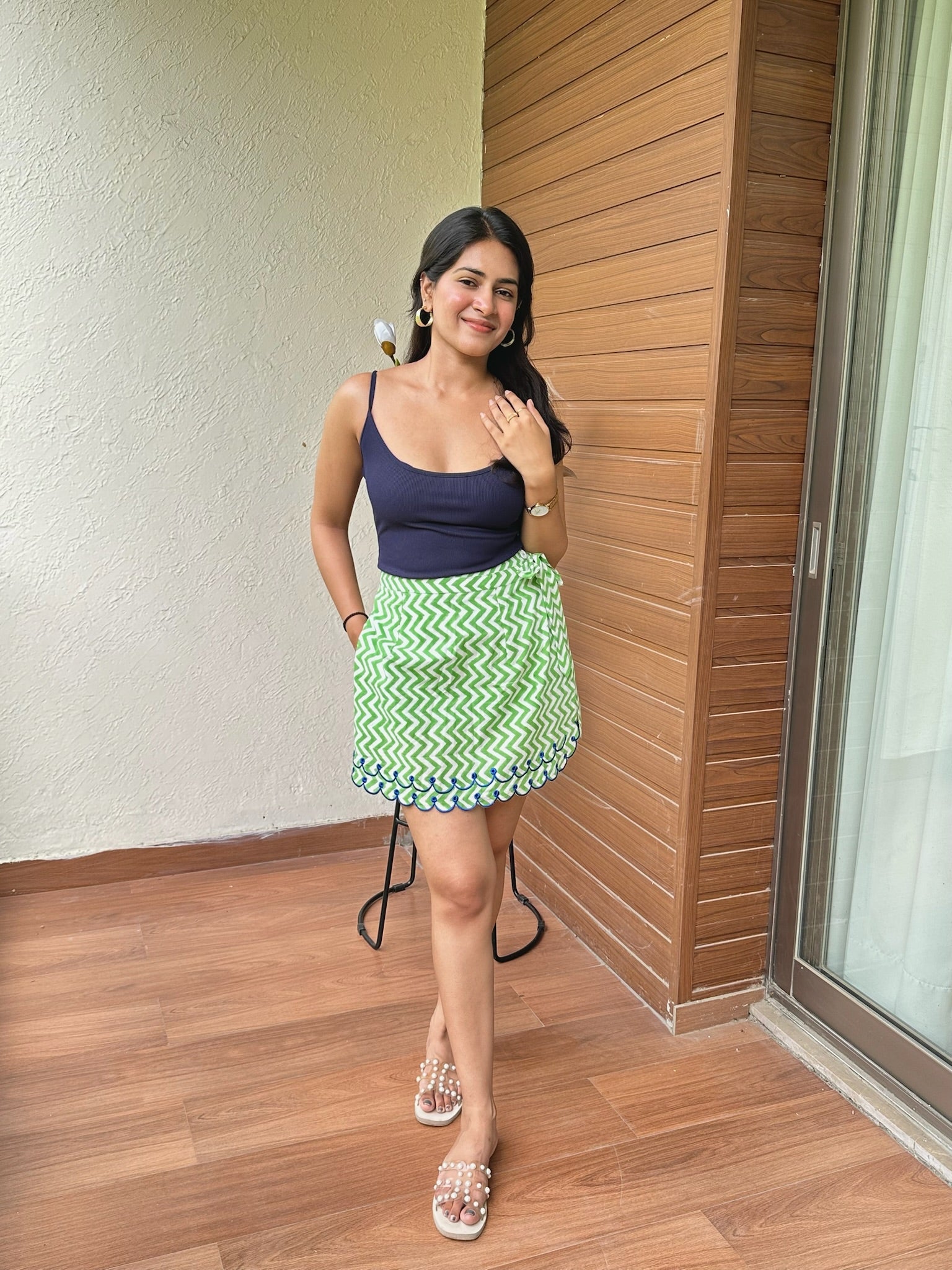 Blue Green Zig Zag Embroidery Skort