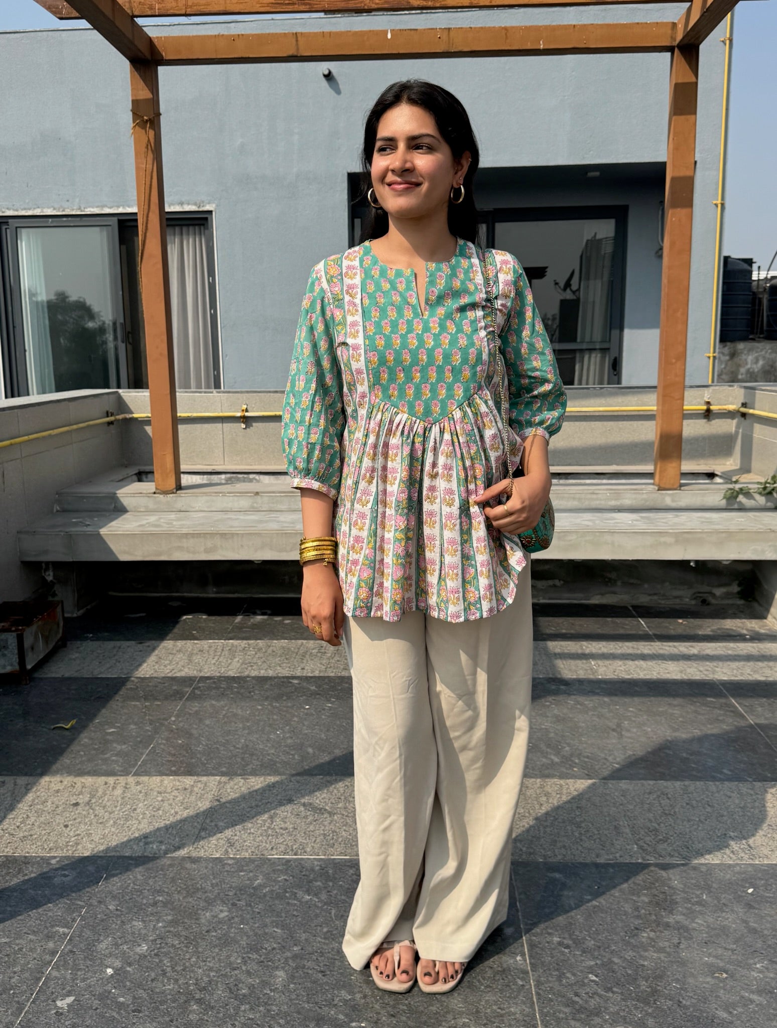 Turq Pink Bud Gather Short Kurti