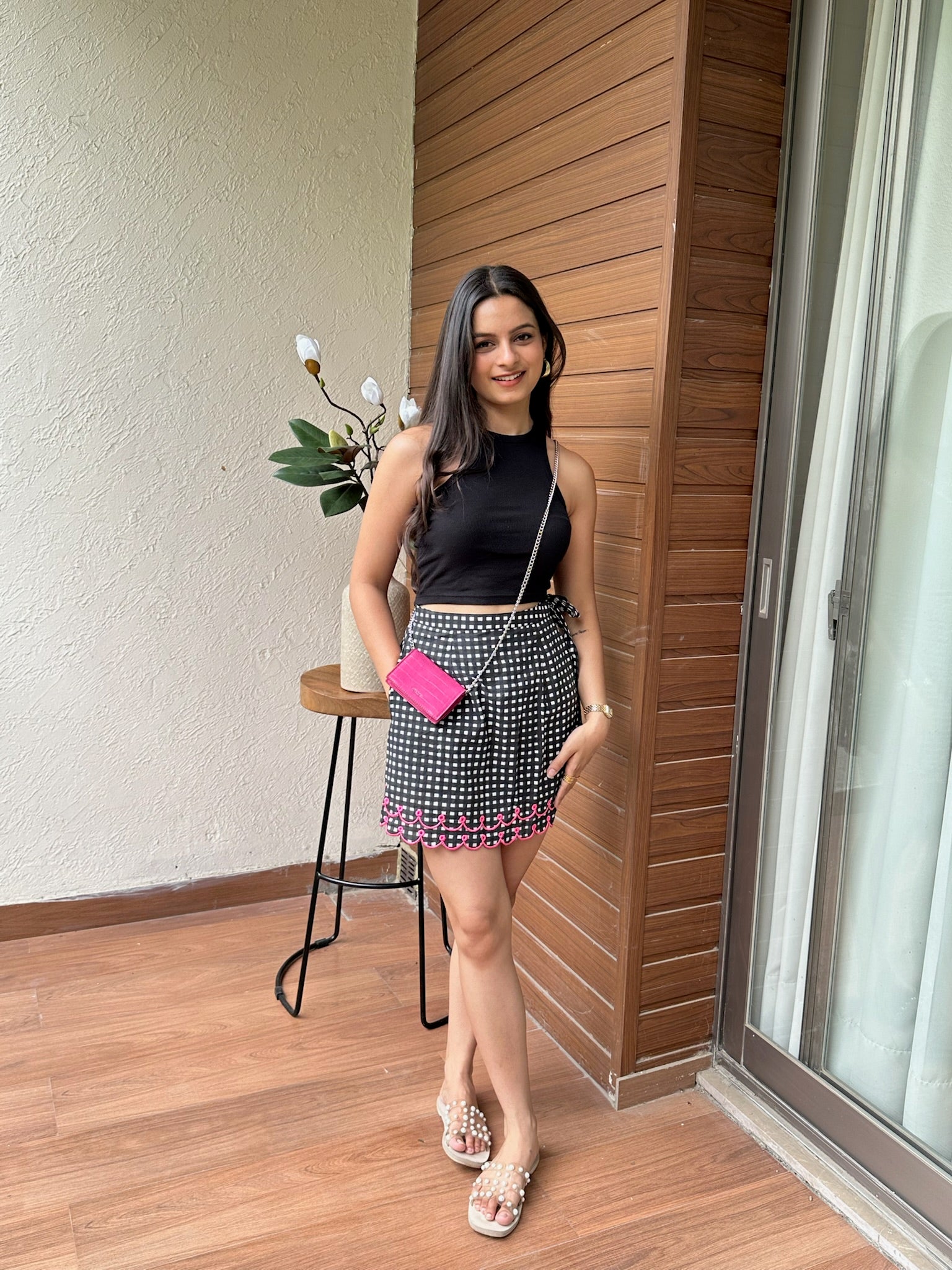 Black Pink Squared Embroidery Skort
