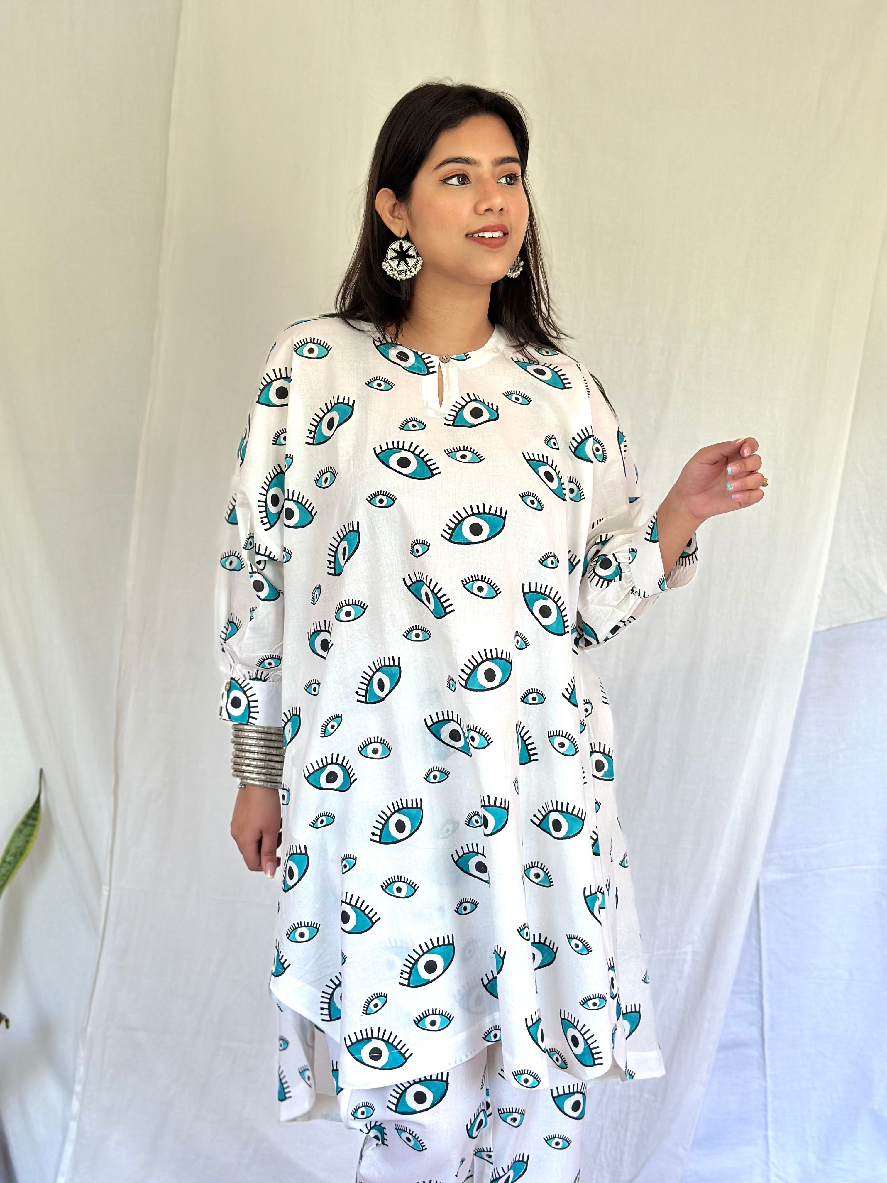 Boxy Evil Eye Blue Block Printed Co-ord Set