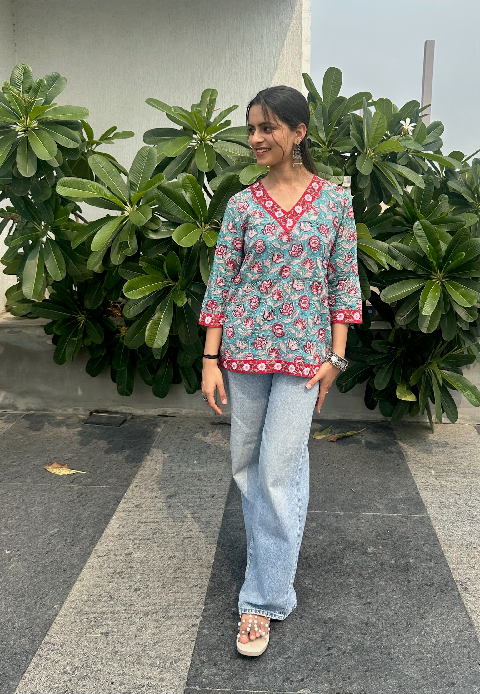 Blue Petal Whispers Short Kurti