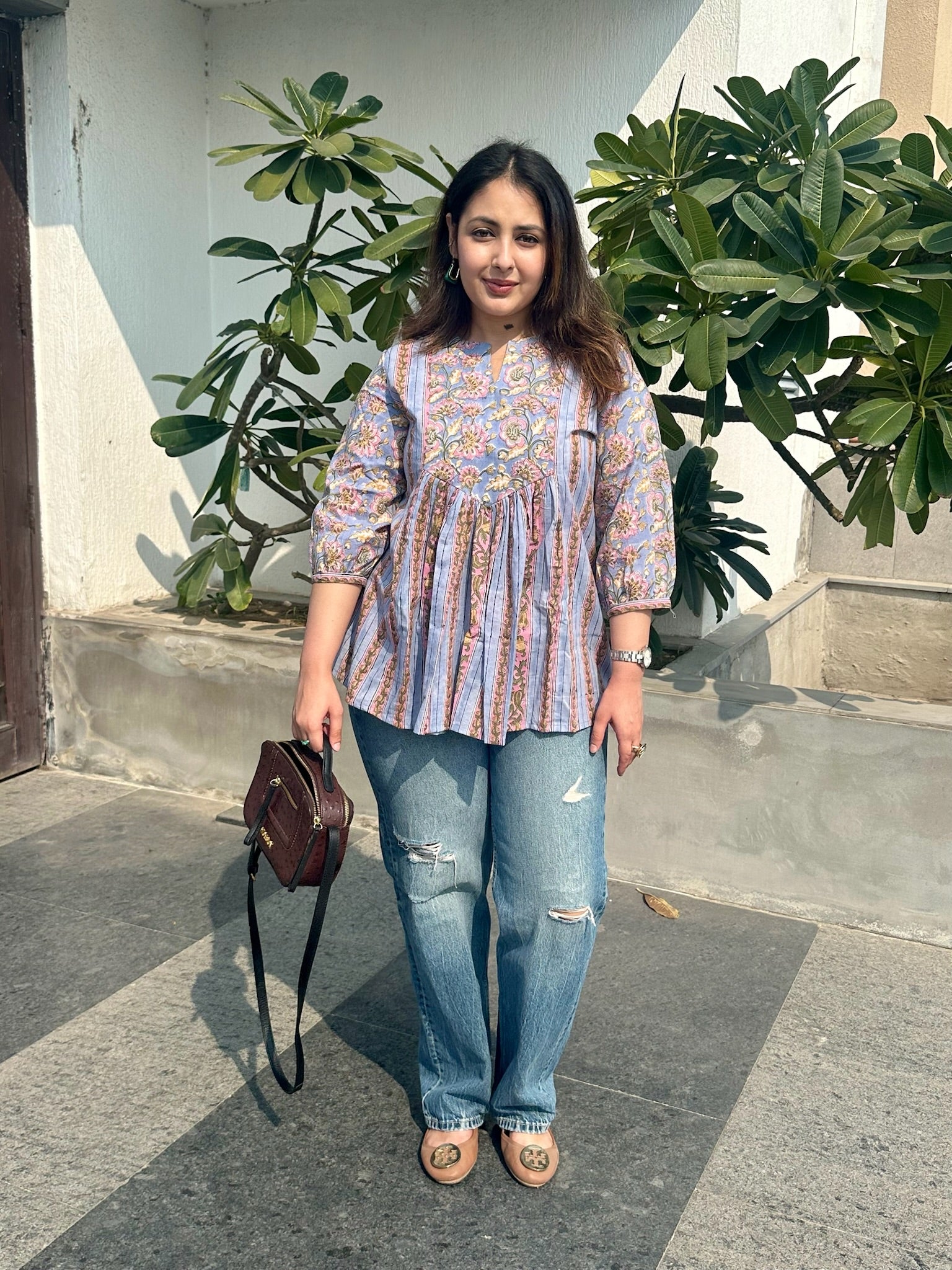 Steel Blue Gather Short Kurti