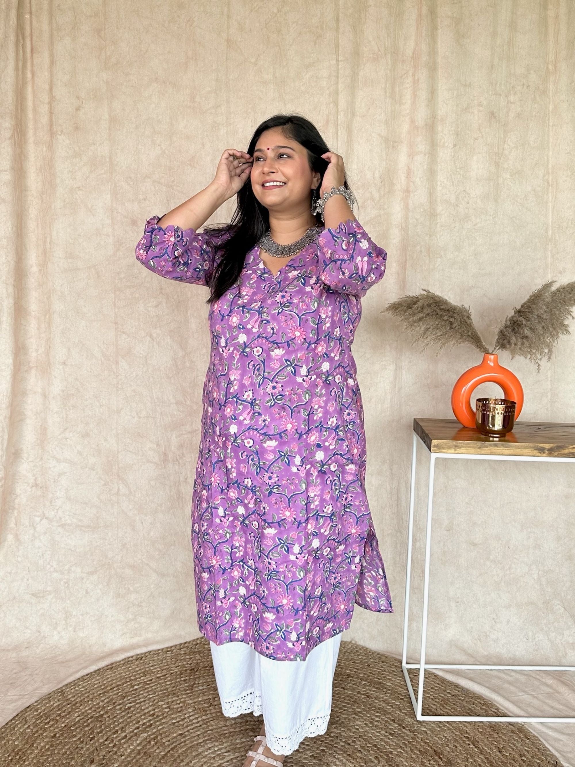 Vivid Violet Block Printed Long Kurta