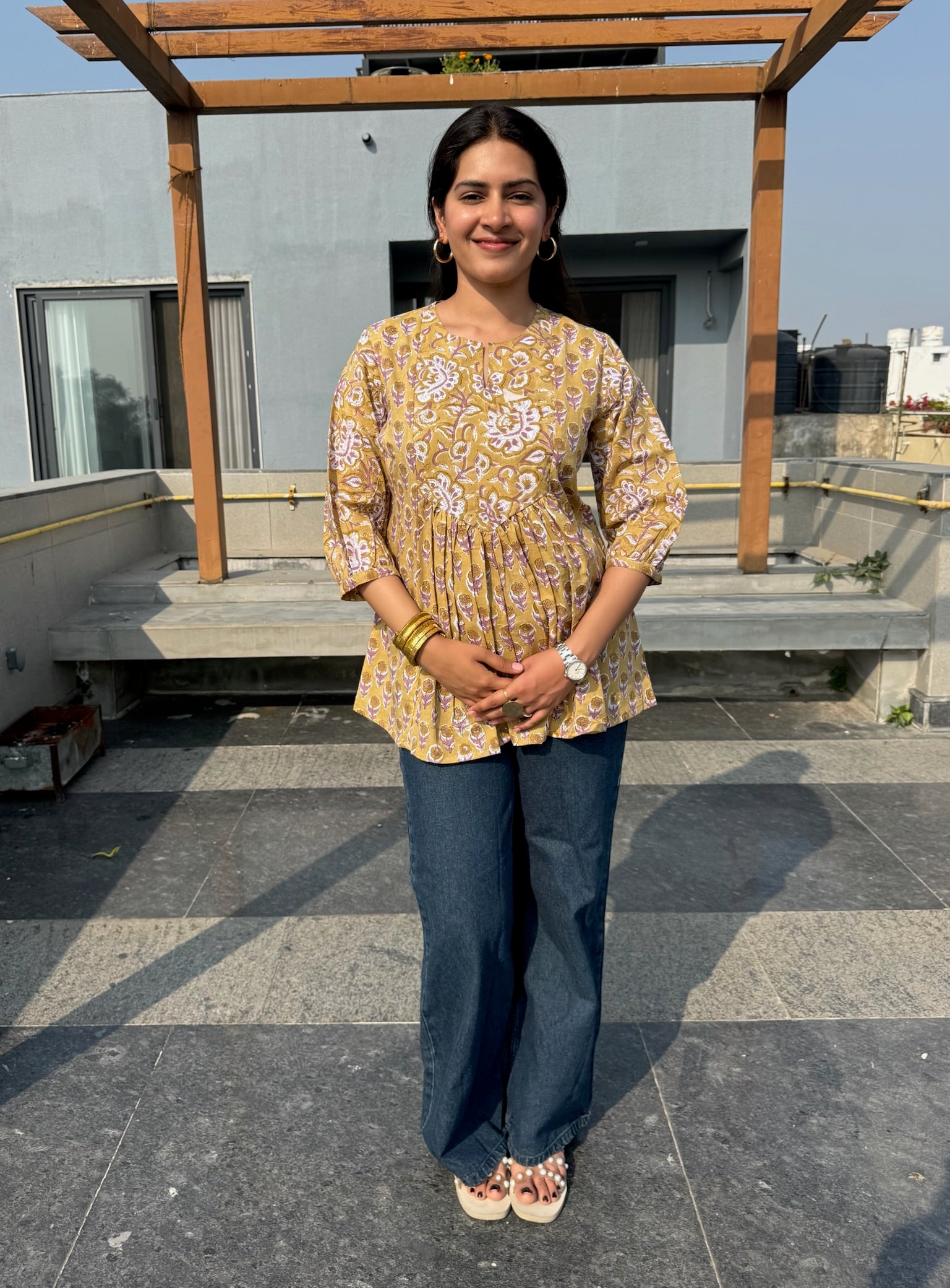 Mud Floral Gather Short Kurti