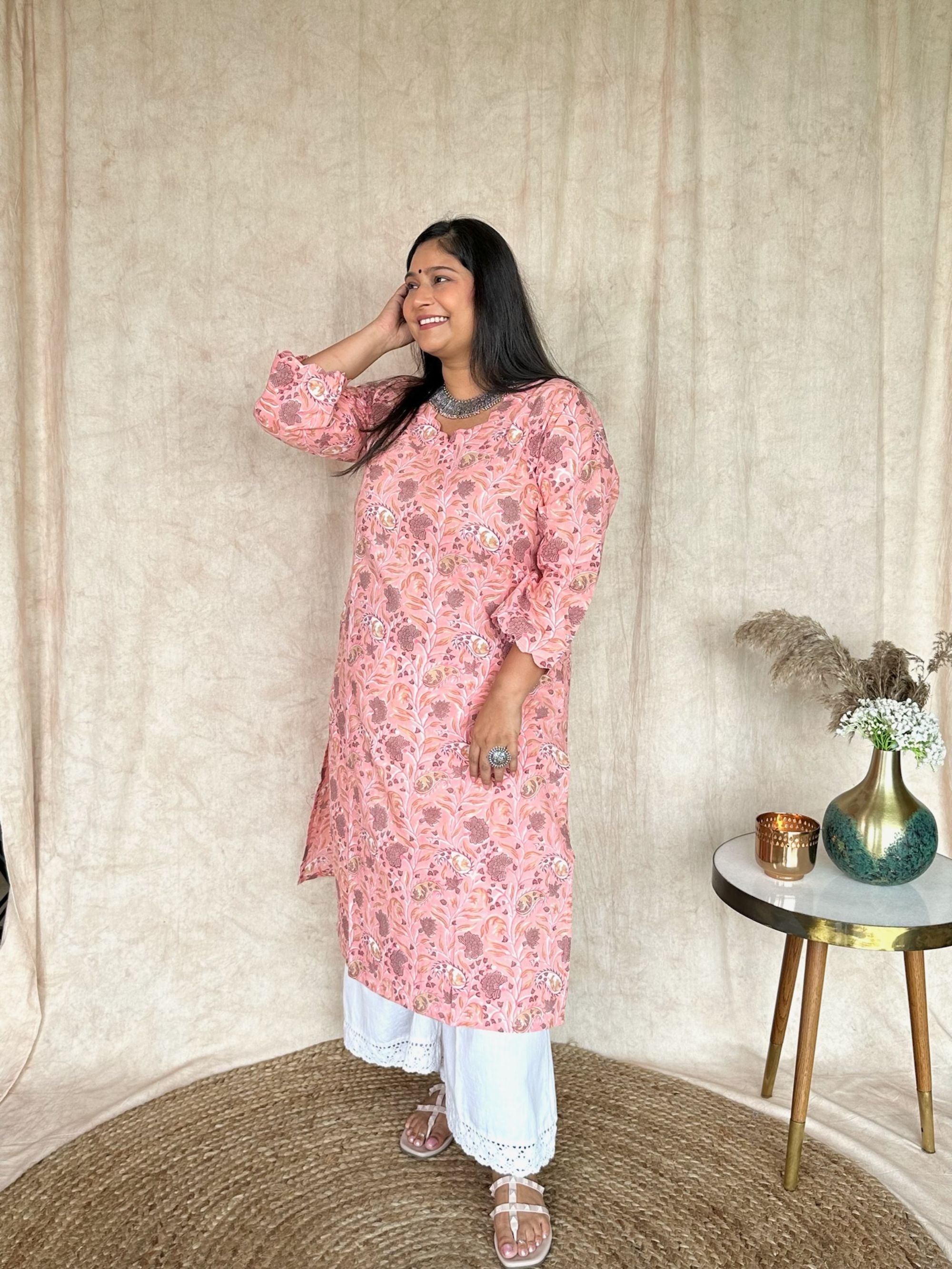 Guava Pink Block Printed Long Kurta