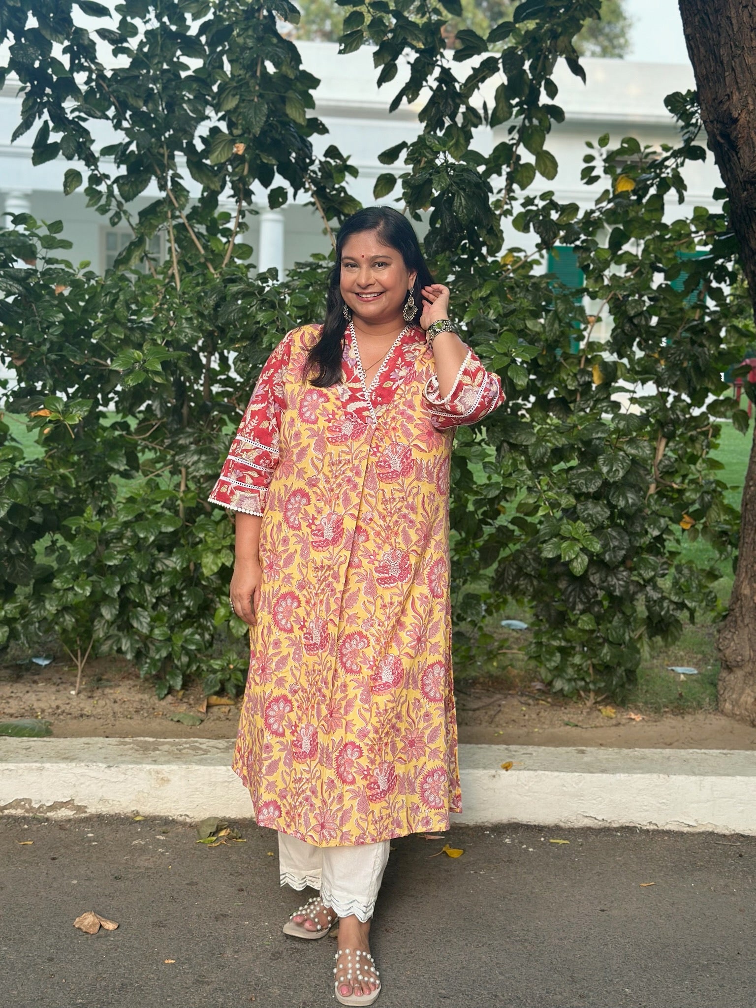 Red Yellow Front Pleat Kurta