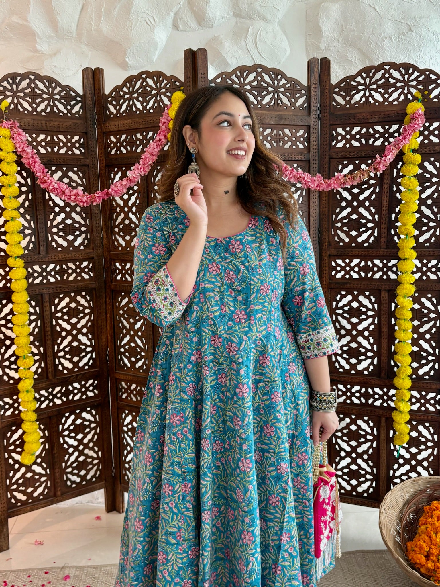All over printed Anarkali- Teal Blue