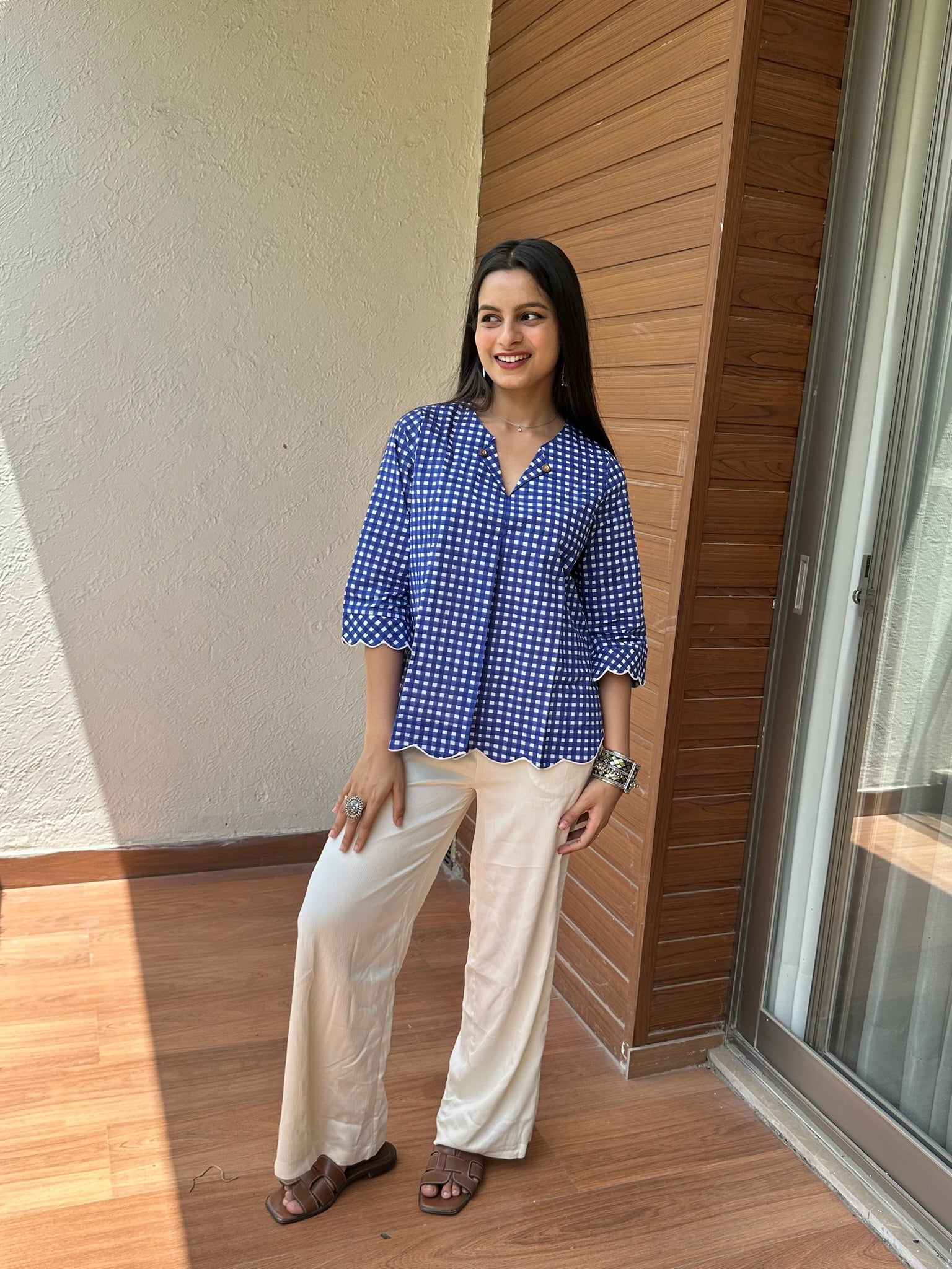 Indigo Gingham Scallop Top