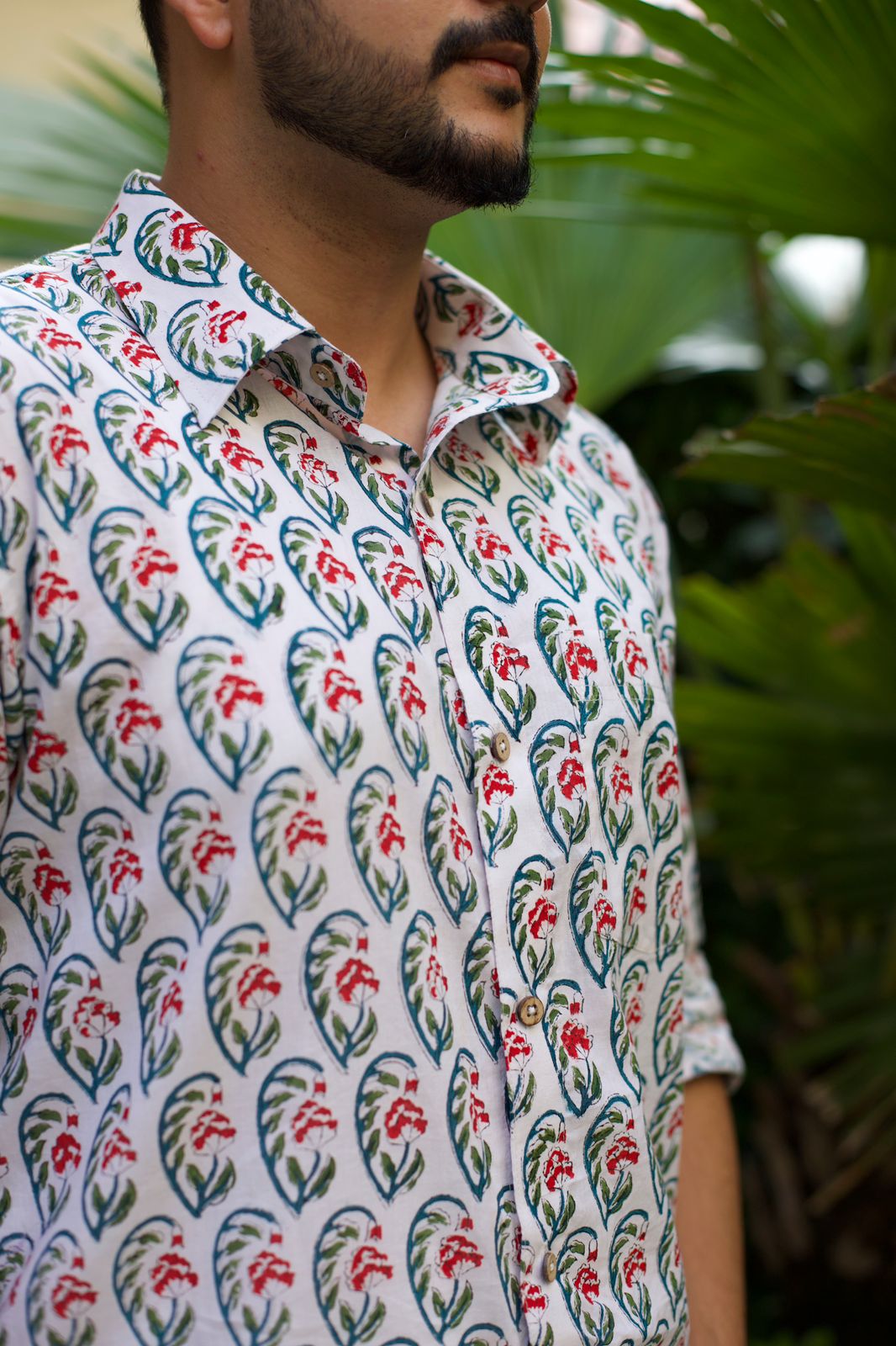 Men Floral Block Printed Full Shirt White