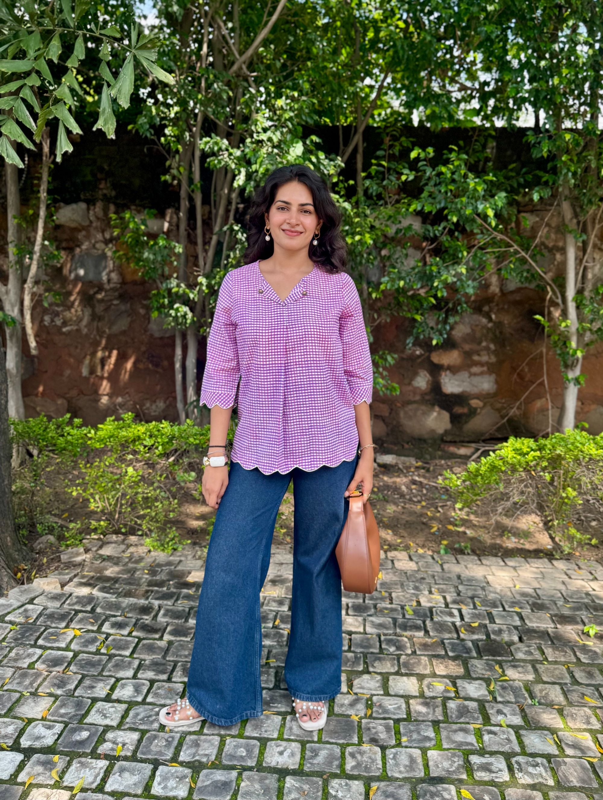 Pink Purple Gingham Scallop Top
