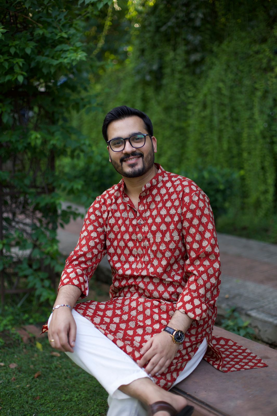 Men Red Block Printed Cotton Kurta