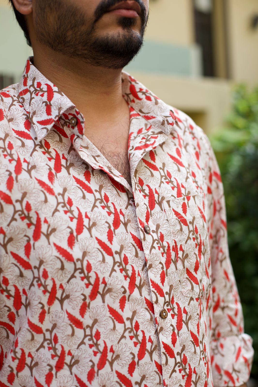 Men Red Rut Printed Cotton Shirt White