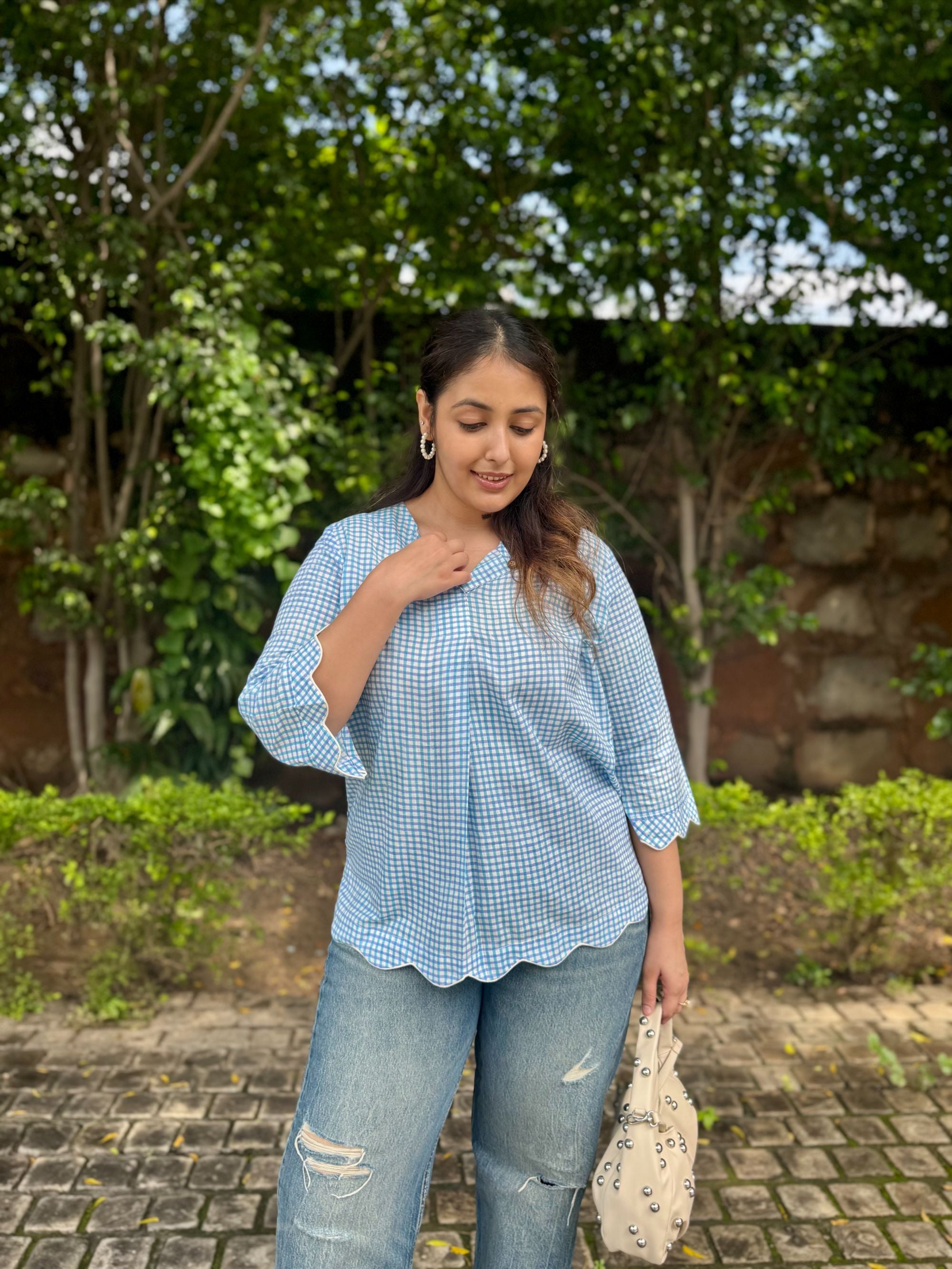 Turquoise Blue Gingham Scallop Top