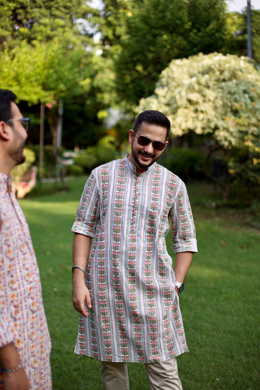 Men Lotus In Stripe Printed Cotton Kurta