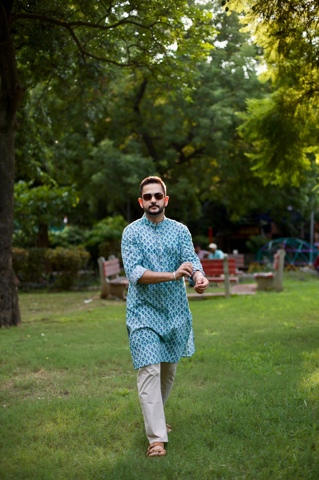 Men Blue Block Printed Straight Kurta