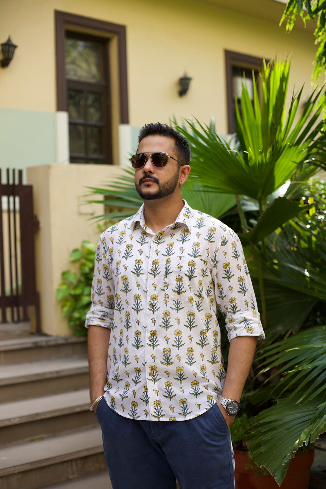 Men Yellow Marigold Printed Cotton Shirt White