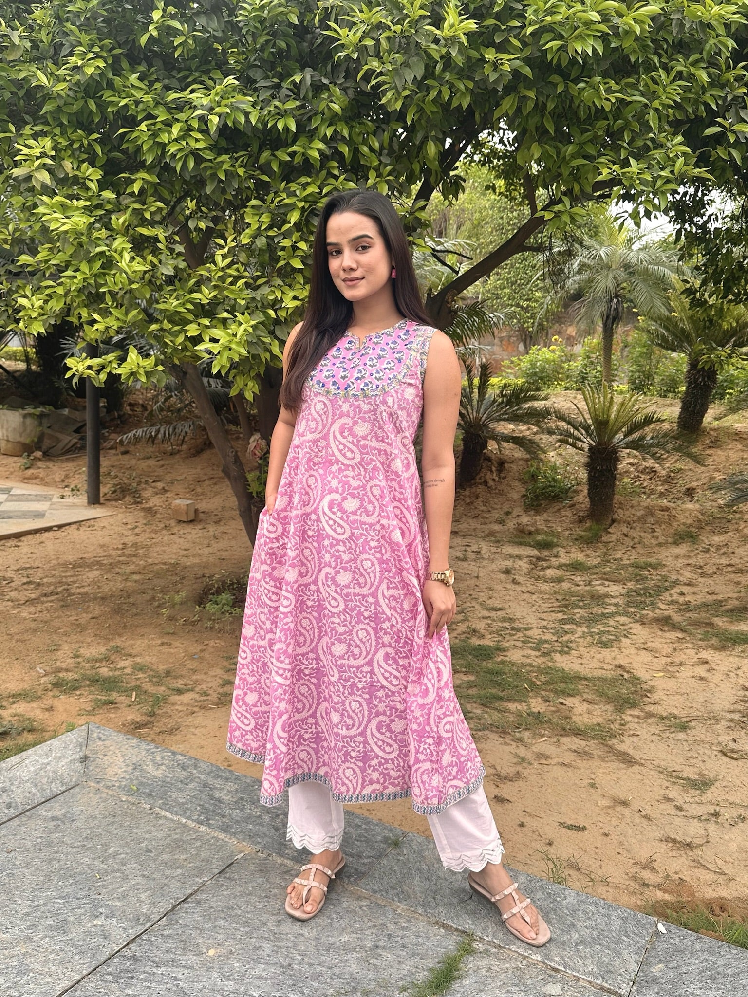 Salmon Pink Yoke Sleeveless Anarkali