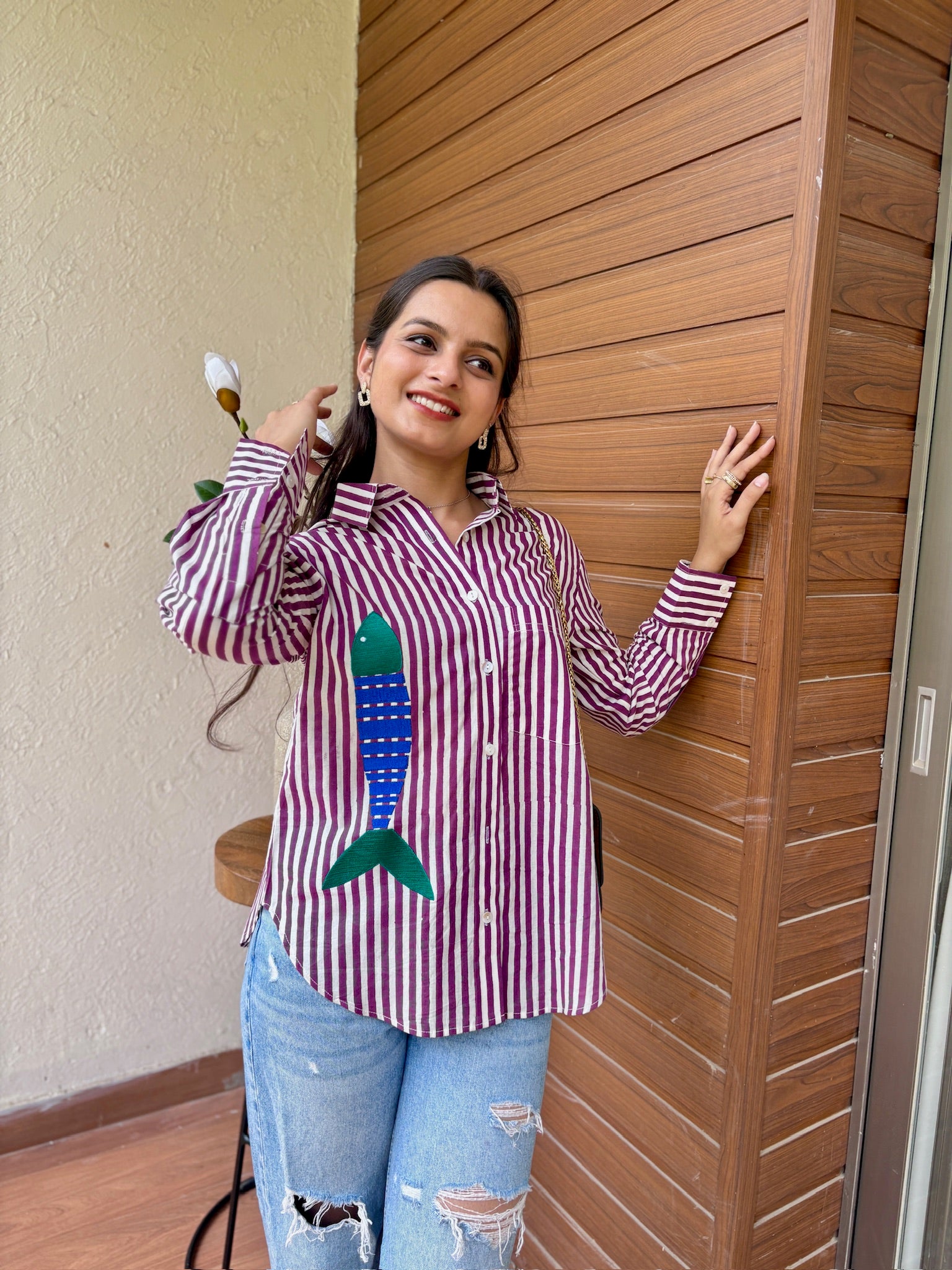 Purple Blue Contrast Fish Embroidery Shirt