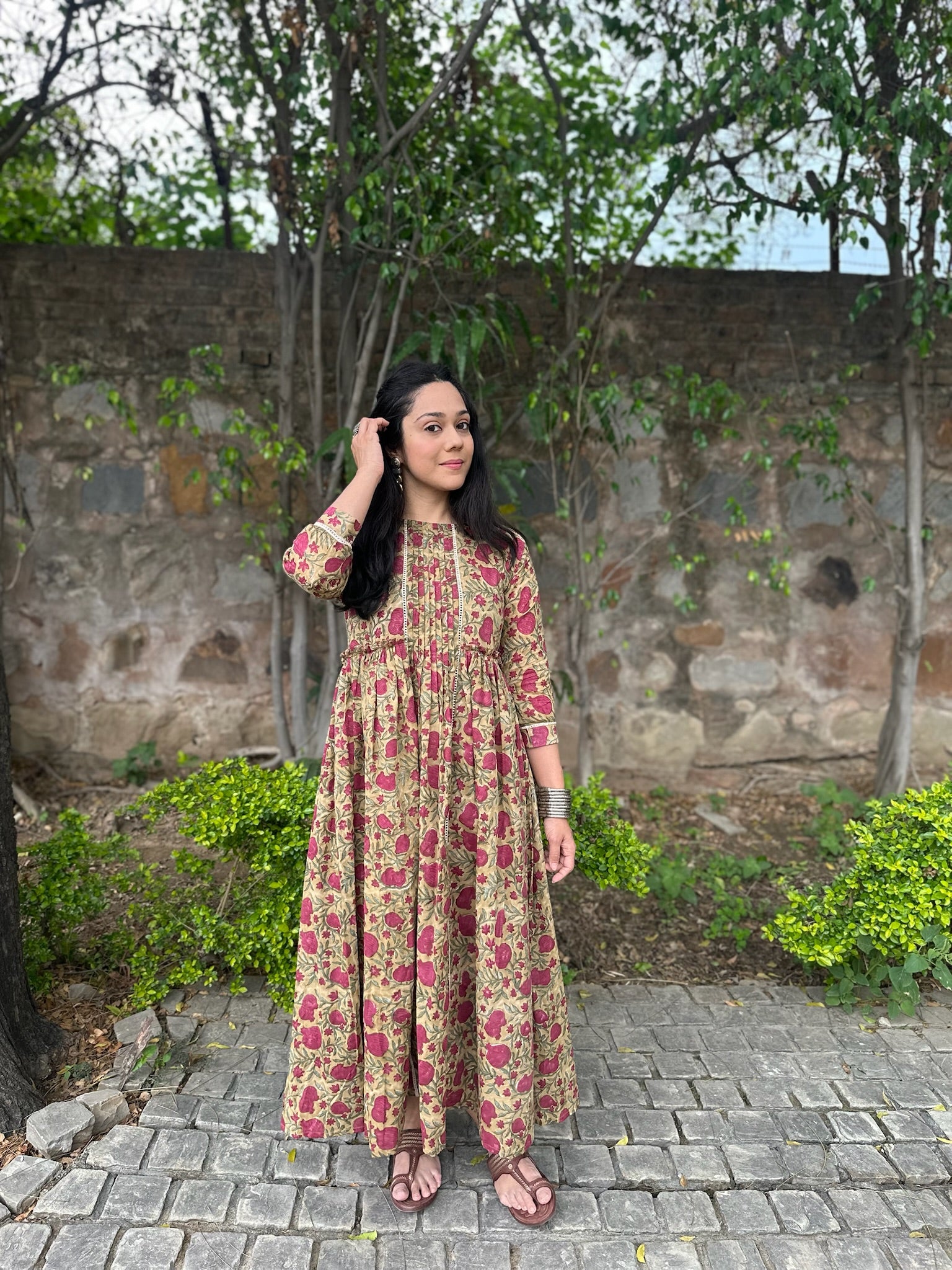 Beet Floral Mulmul Maxi Dress