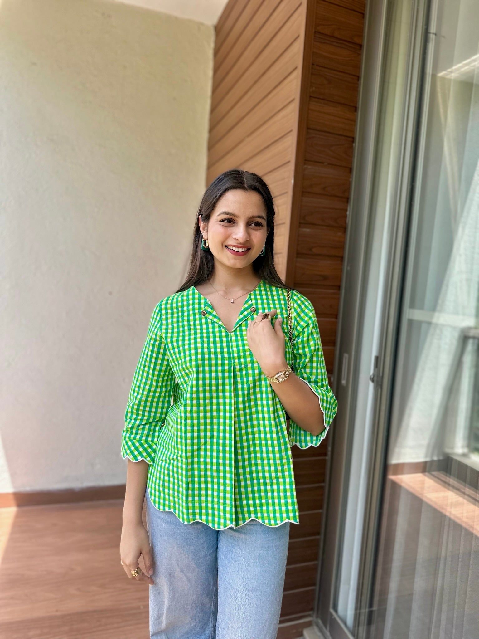 Parrot Green Gingham Scallop Top