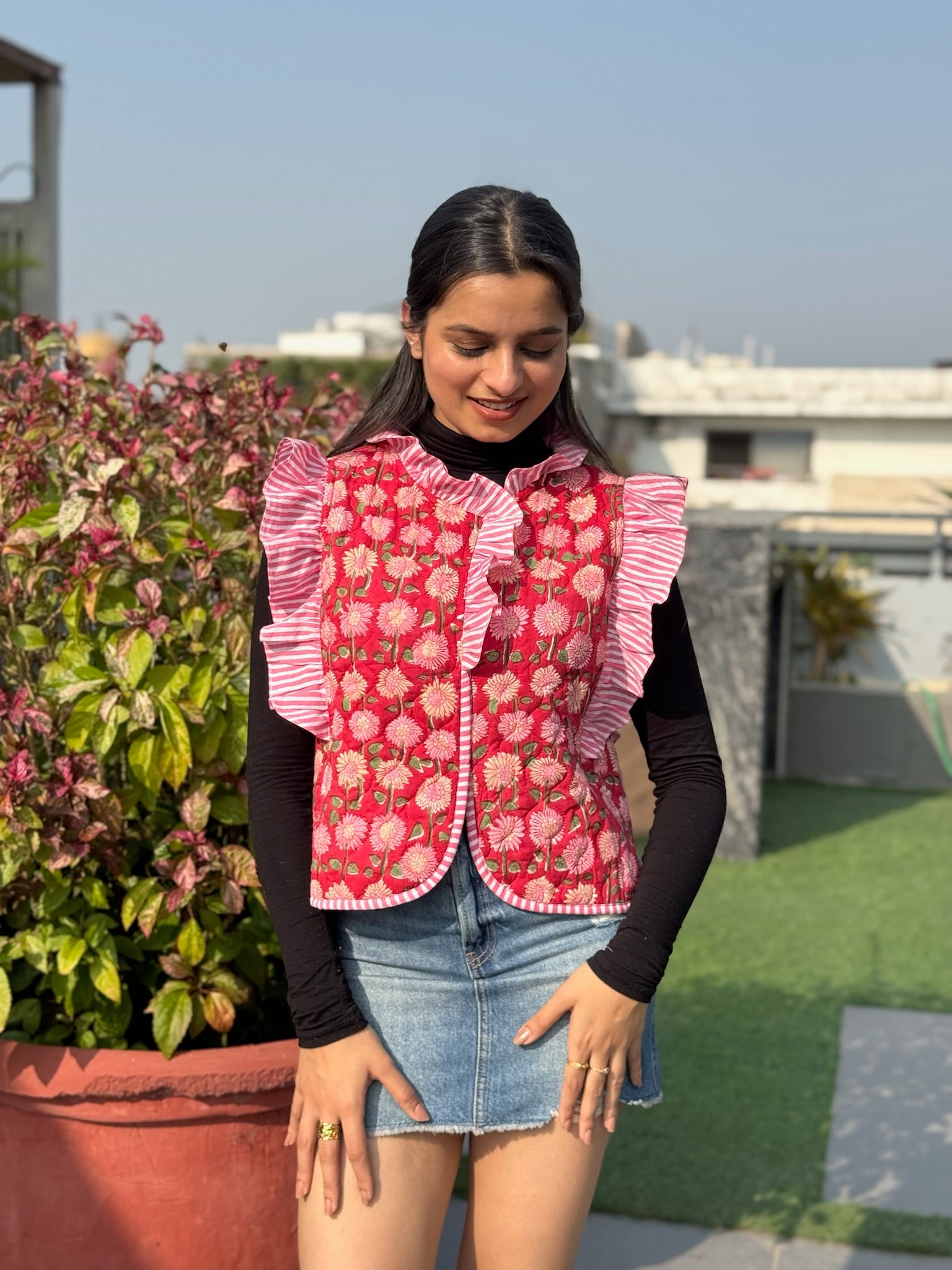 Soft Kumkum Quilted Frill Jacket