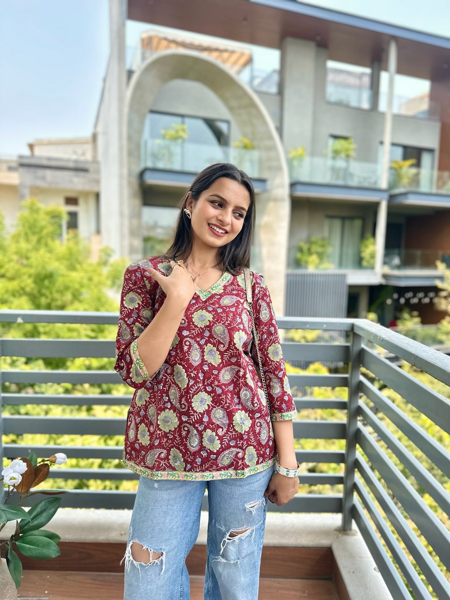 Autumn Vine Maroon Short Kurti