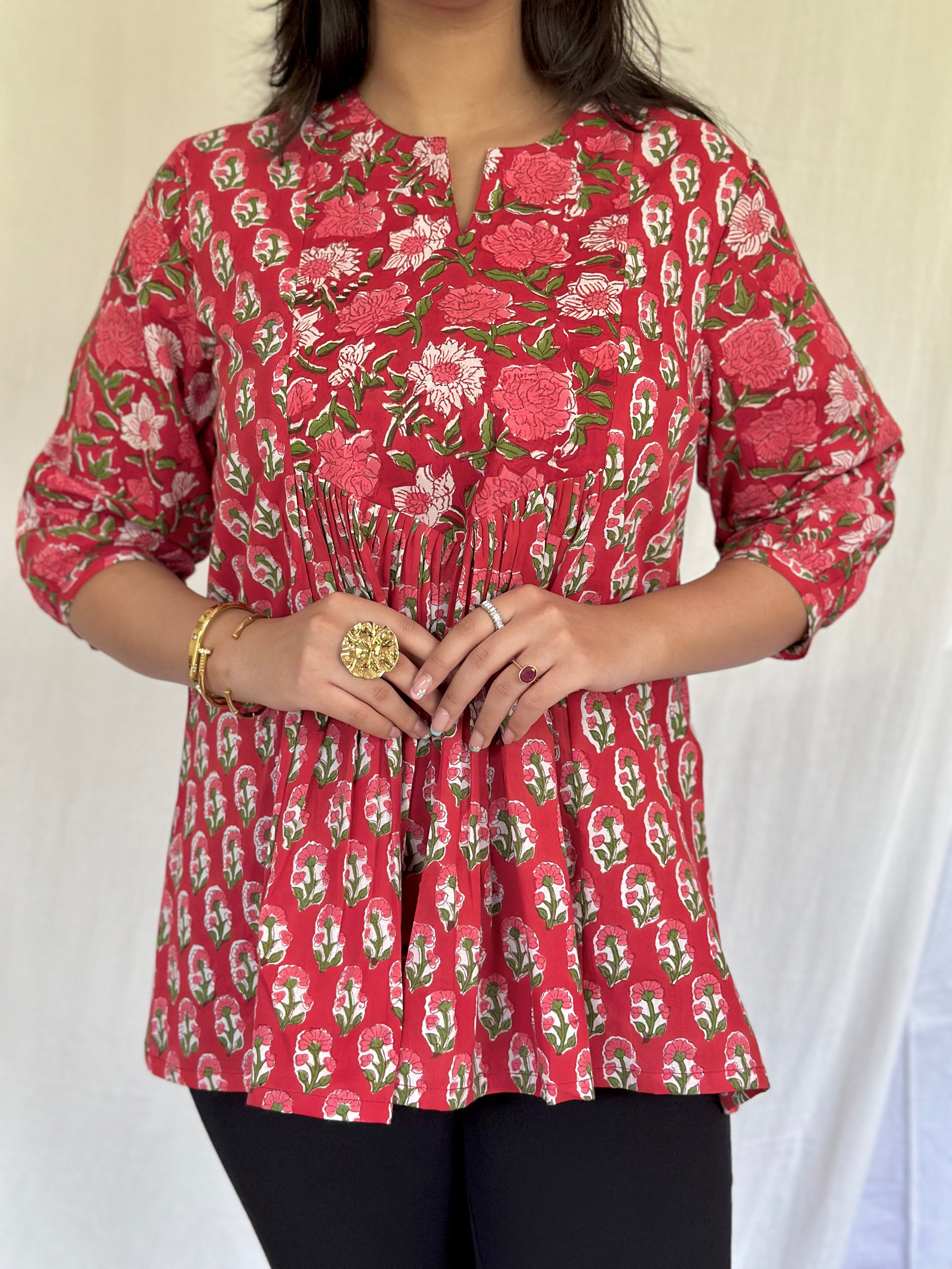 Rose Red Gather Short Kurti