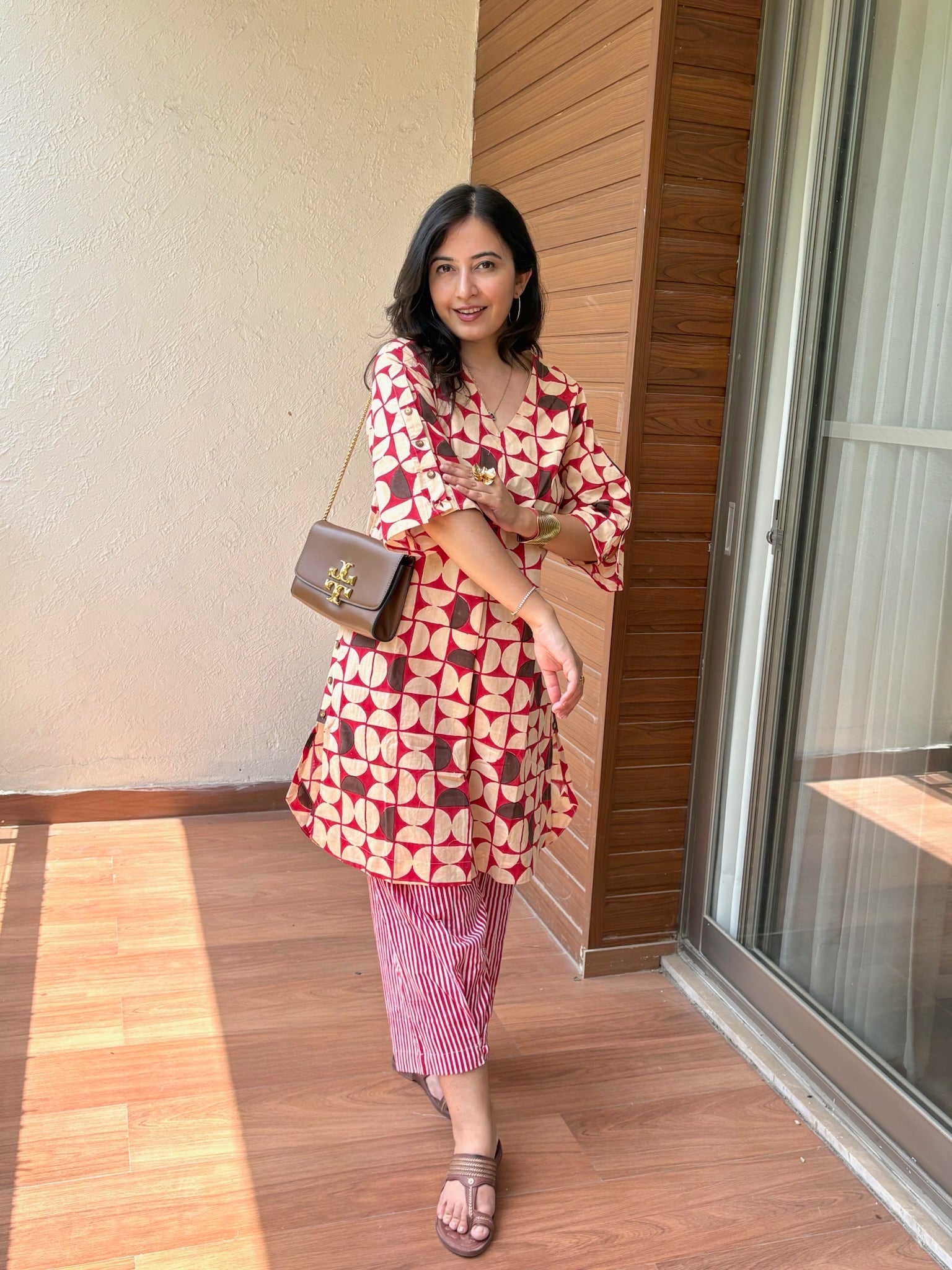 Geometric Red Side Placket Boxy Co-Ord Set