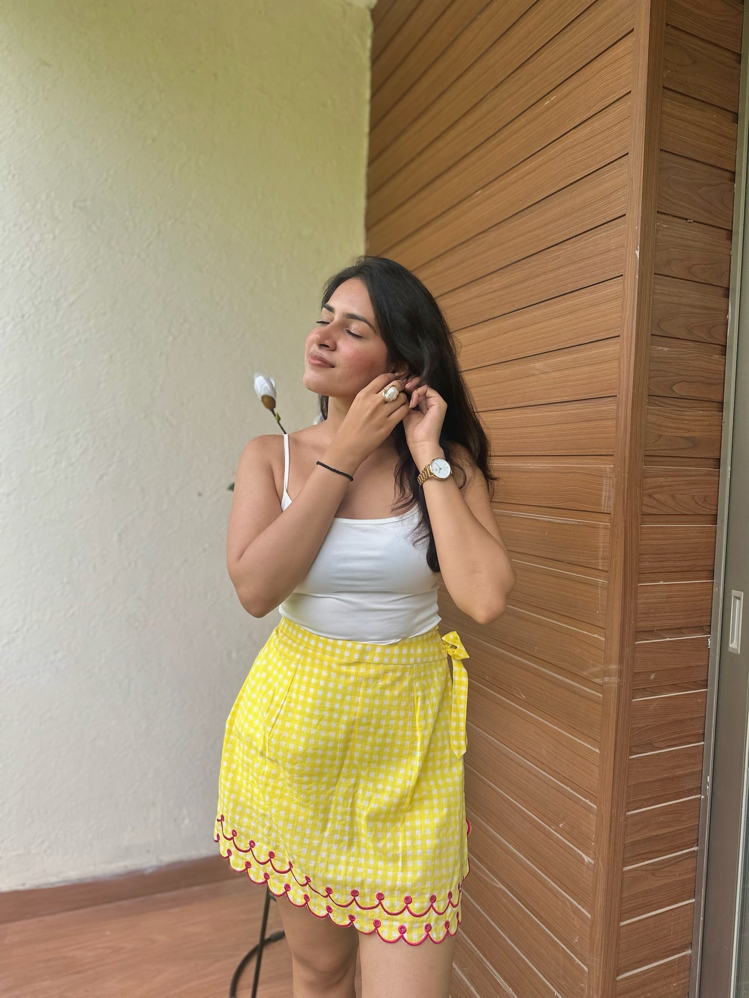 Pink Yellow Checkered Embroidery Skort