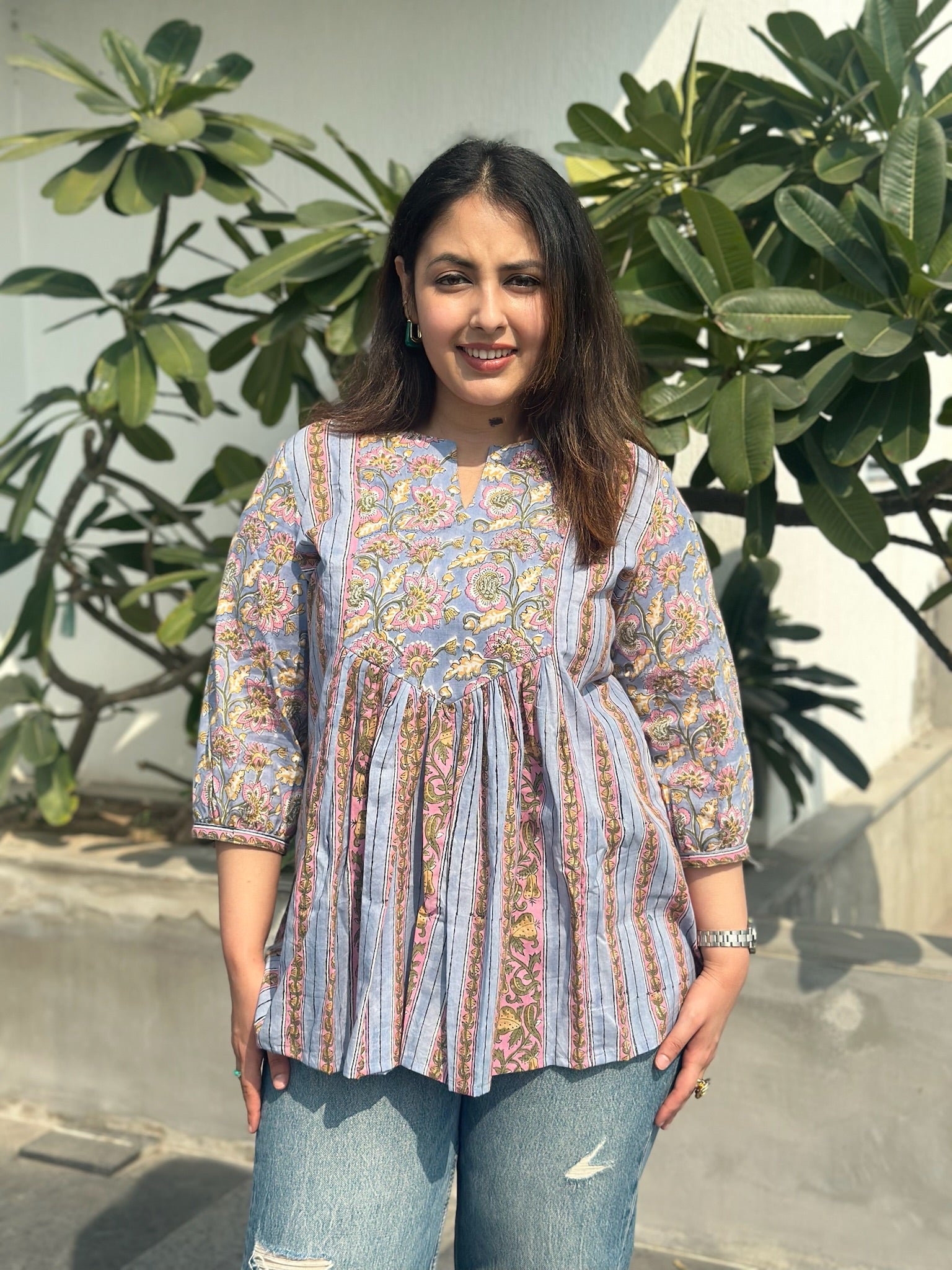 Steel Blue Gather Short Kurti