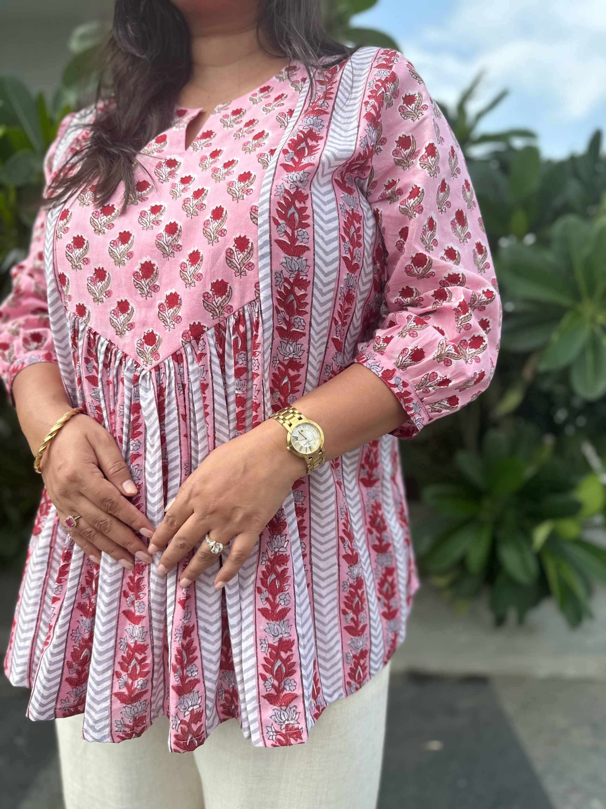 Cherry Blossom Pink Gather Short Kurti