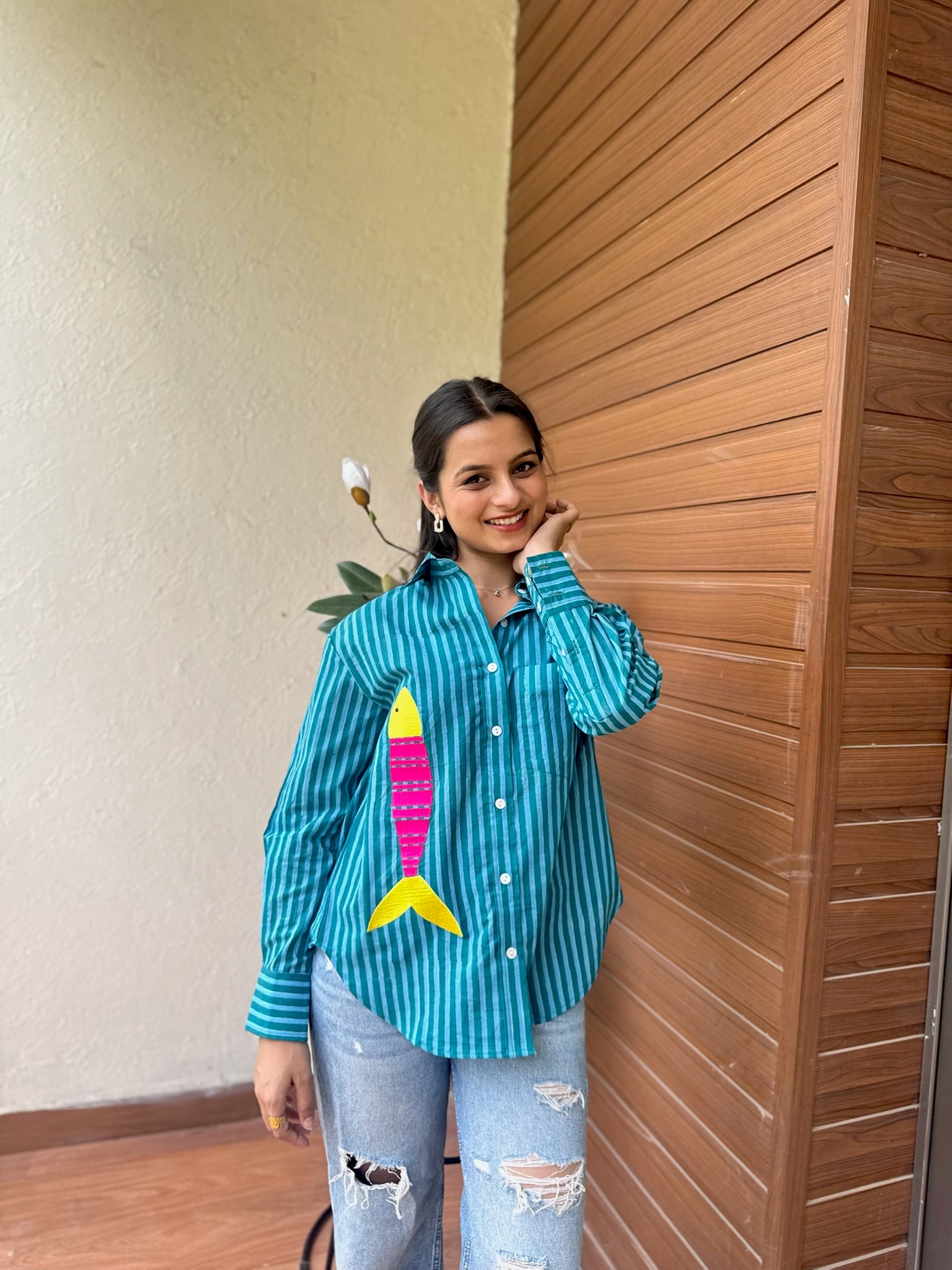 Teal Pink Contrast Fish Embroidery
