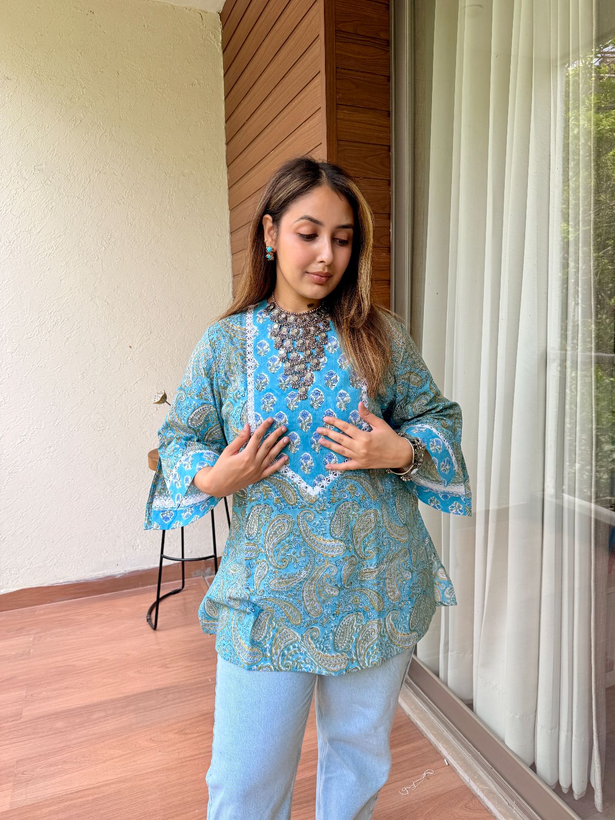 Neelpari Yoke Lace Short Kurti