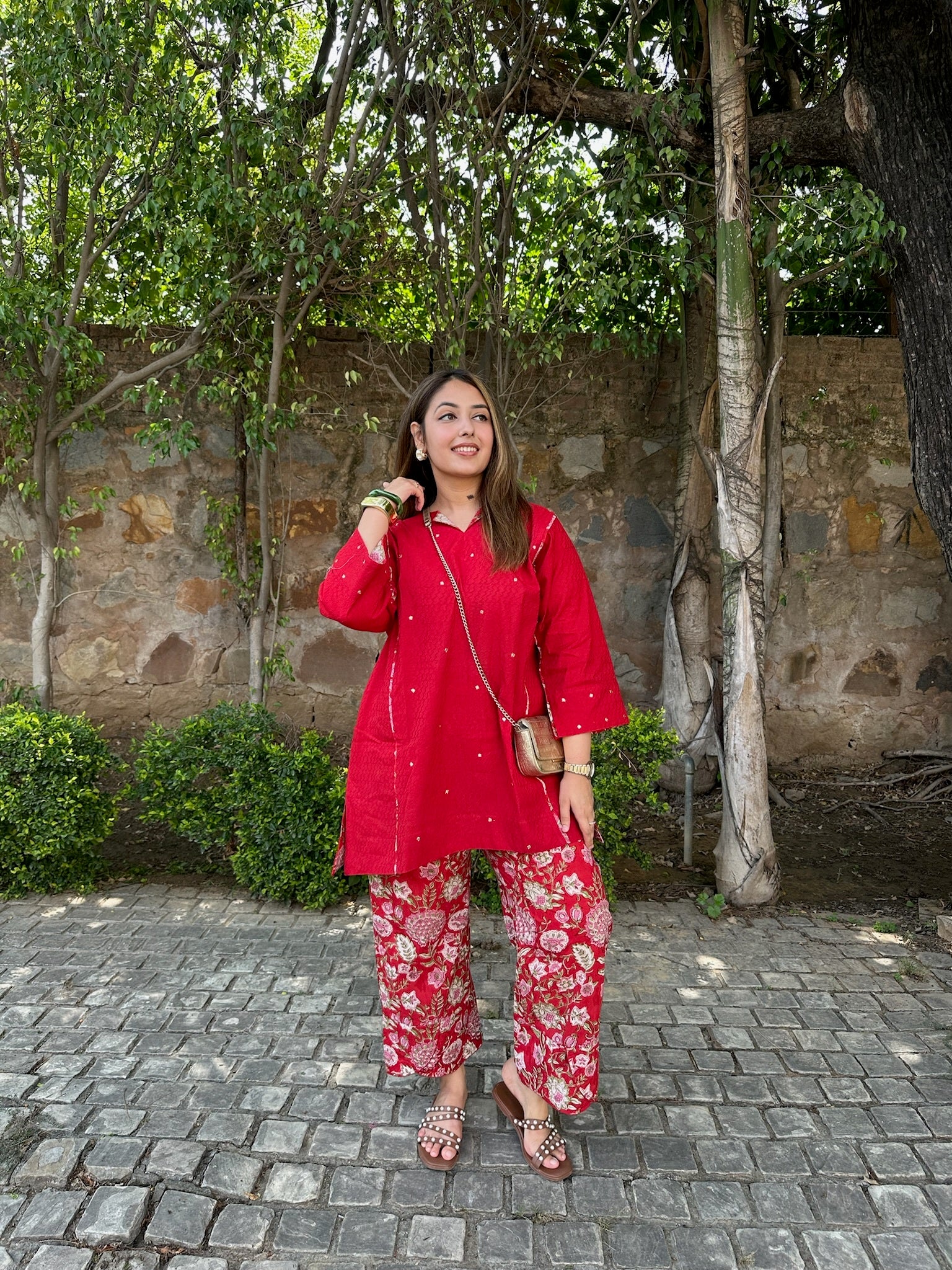 bright red short dobby co-ord set