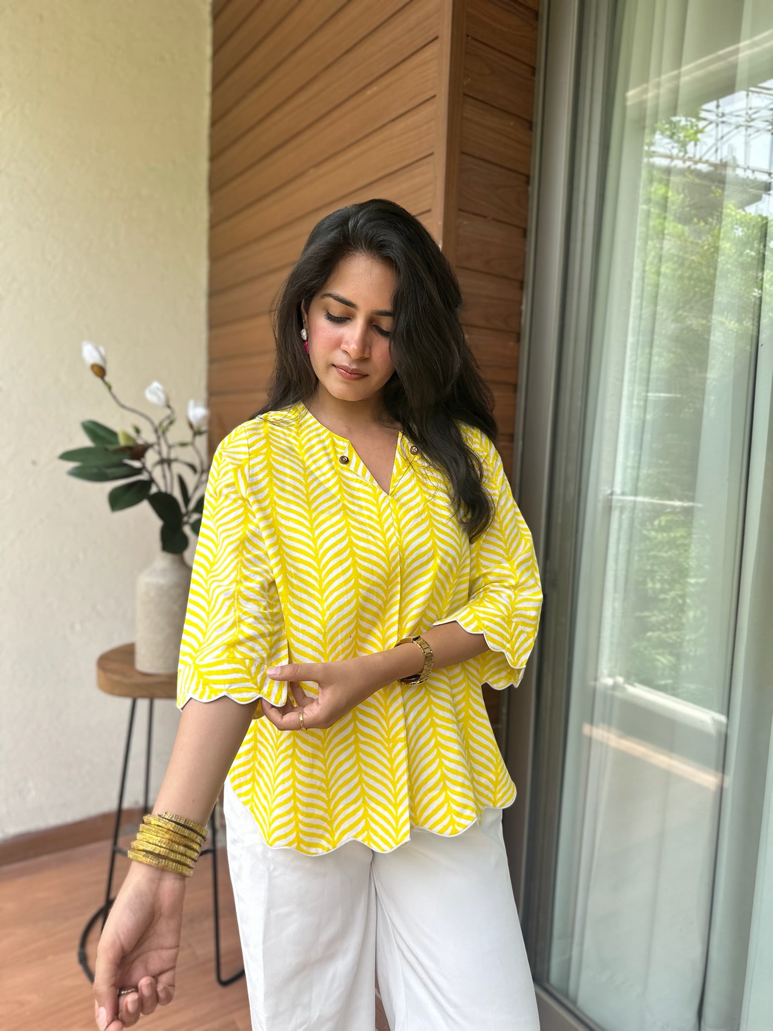 Yellow Leaf Scallop Top