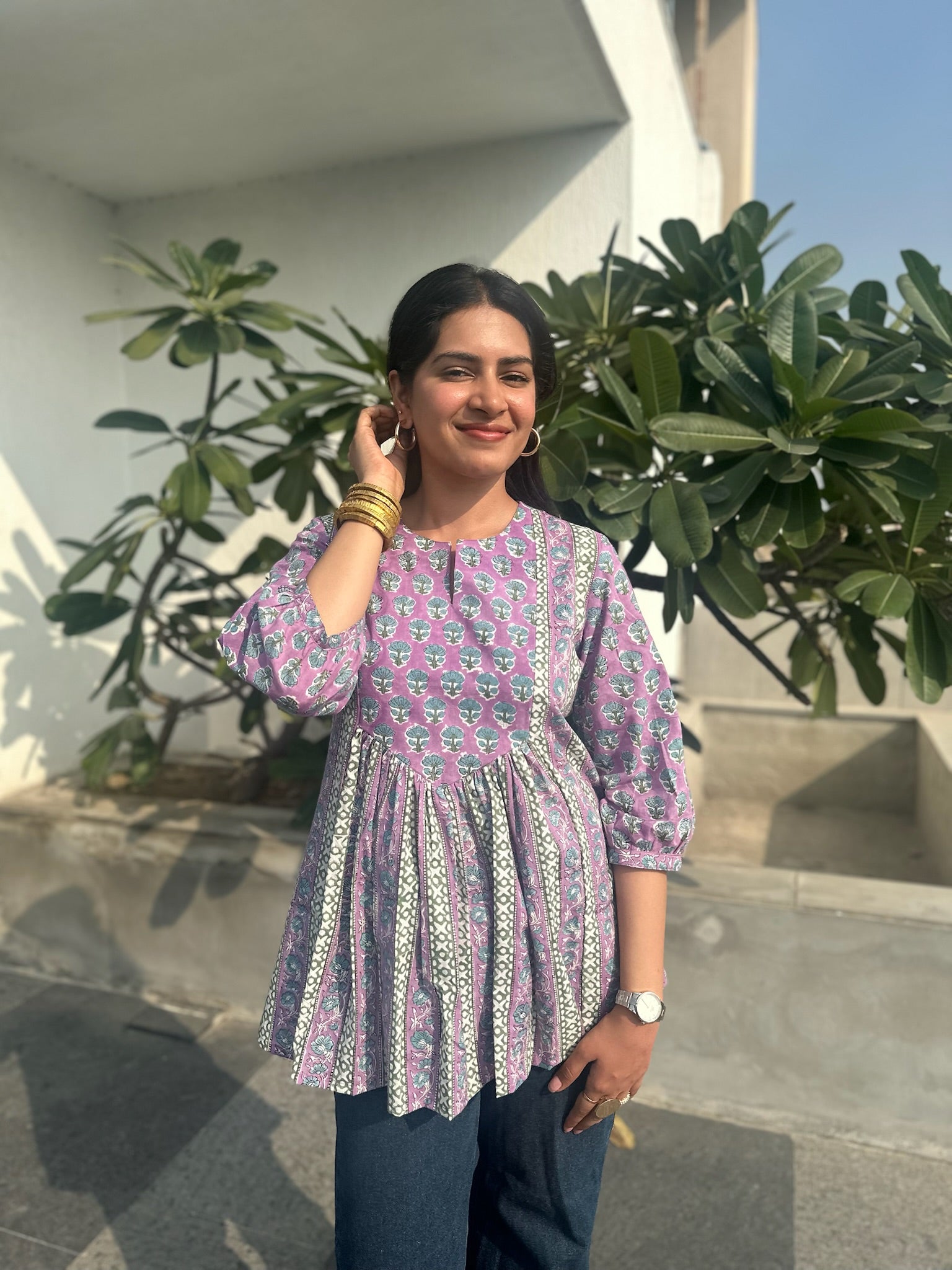 Floral Mauve Gather Short Kurti