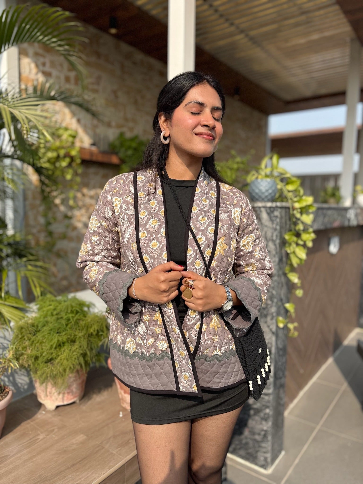 Grey Yellow Quilted Shrug