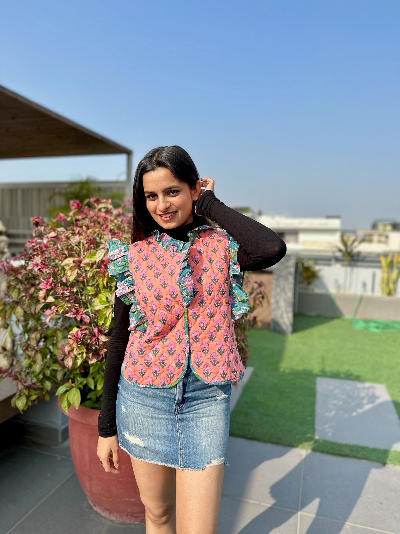 Deep Narangi Quilted Frill Jacket