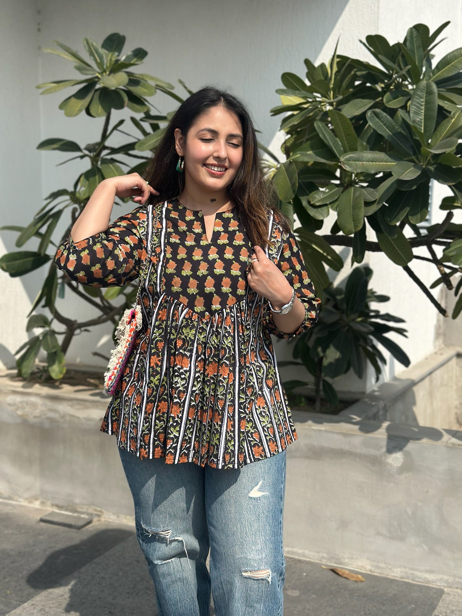 Black Narangi Gather Short Kurti